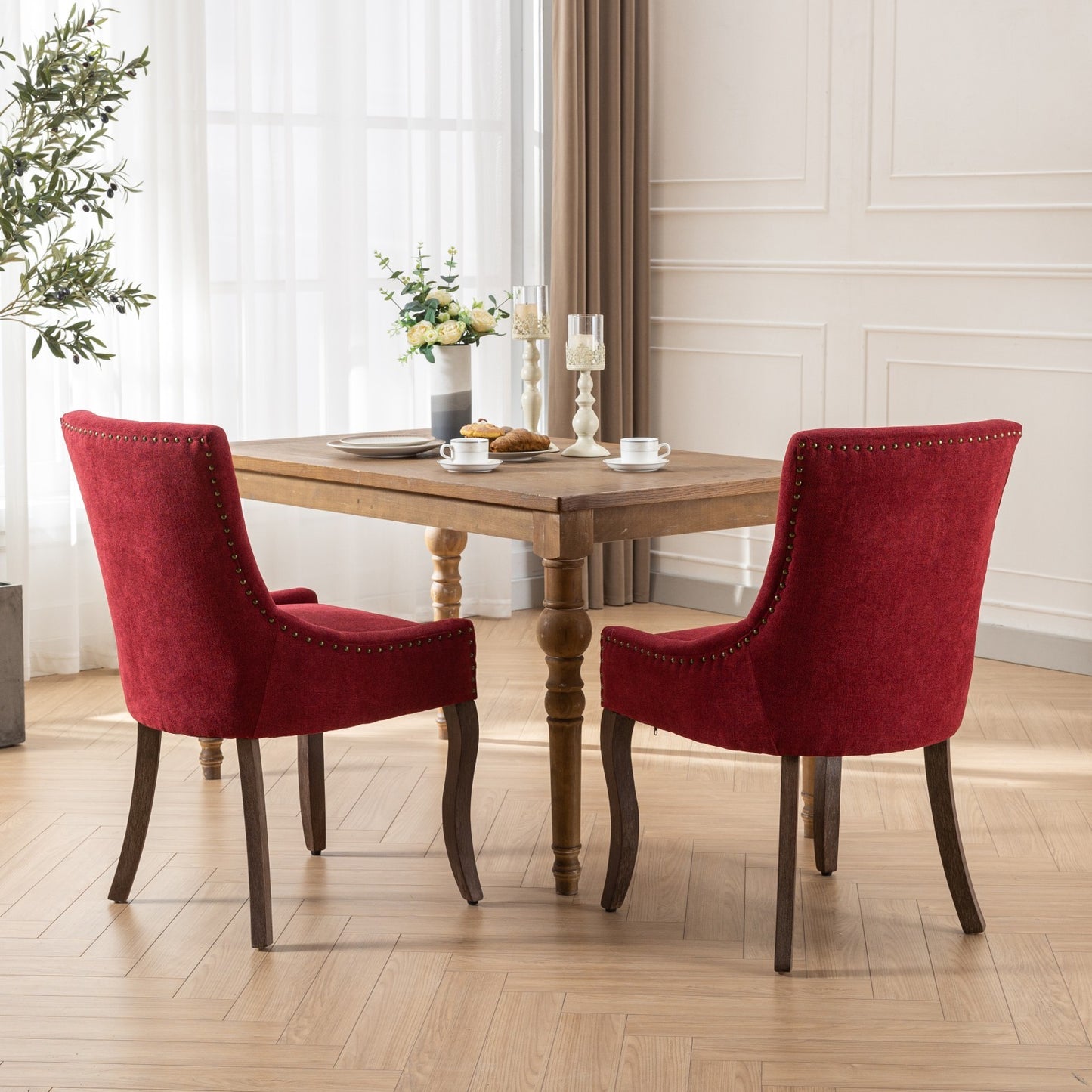 Ultra Side Dining Chair,Thickened fabric chairs with neutrally toned solid wood legs,Bronze nail head,Set of 2,Wine Red,Burgundy,SW1807WR