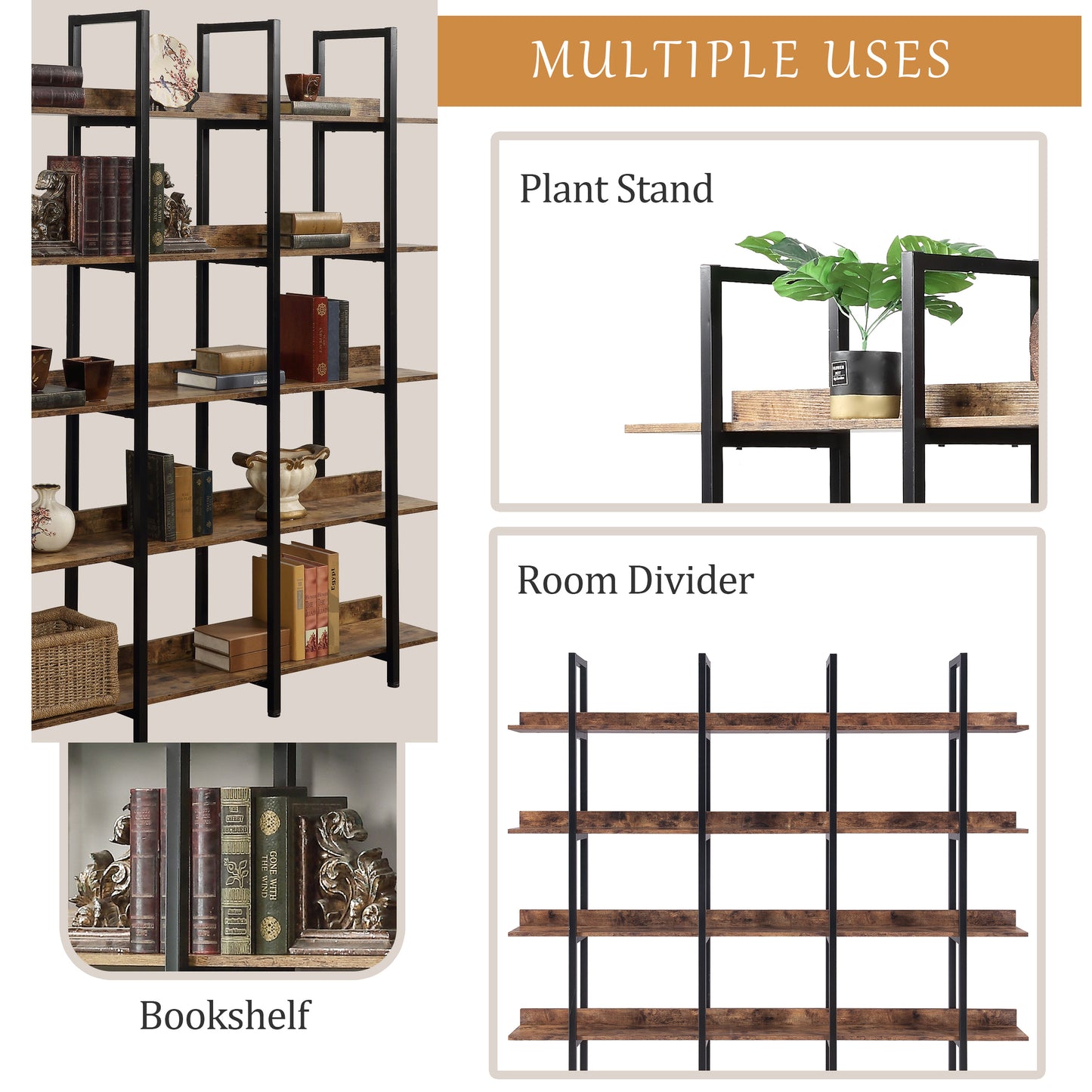 5 Tier Open Bookshelf Vintage Industrial Style Metal Frame MDF Board Home Office Storage Shelf