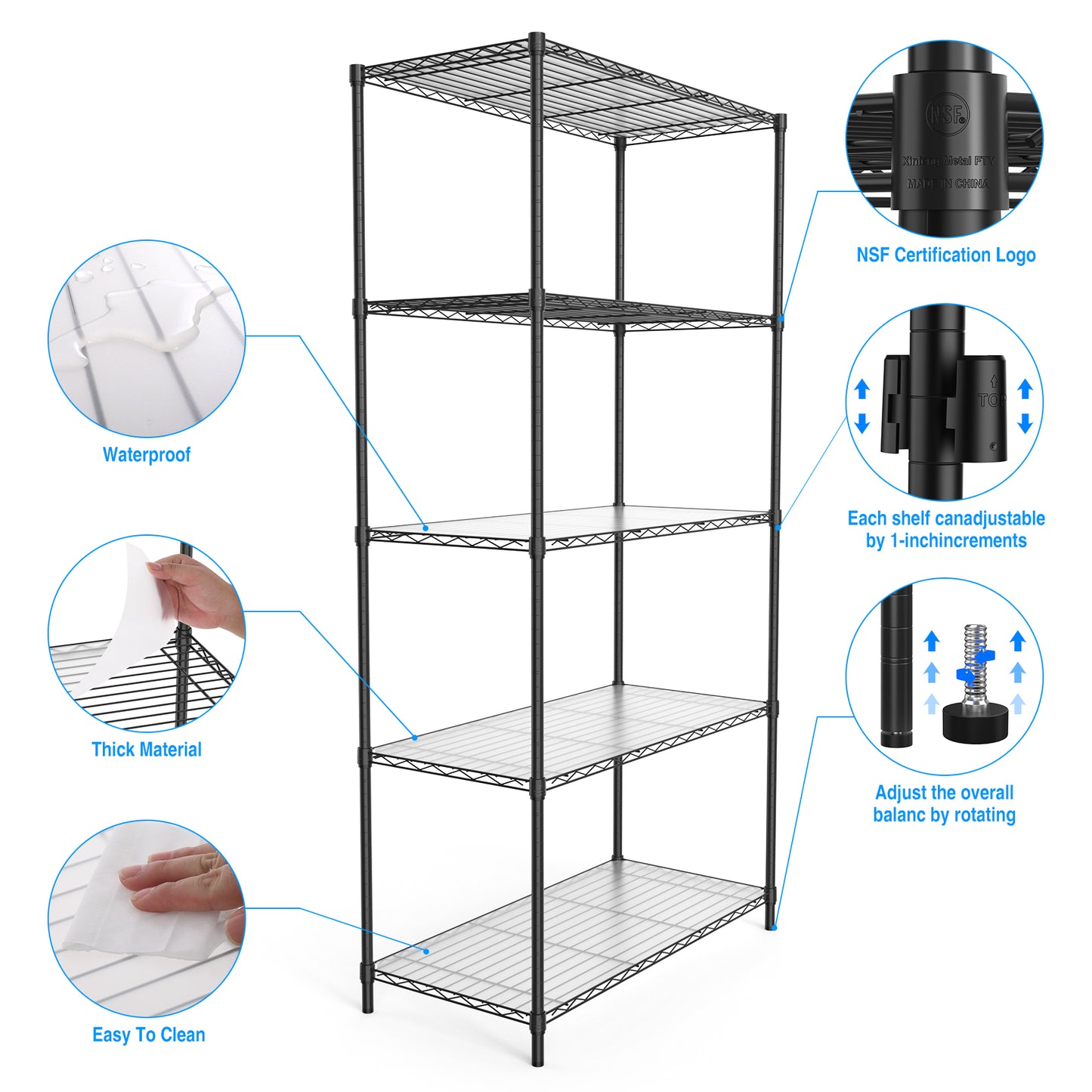 5 Tier Heavy Duty Wire Shelving Unit 72 Inch Height Adjustable Storage Rack for Kitchen Garage Office Organization