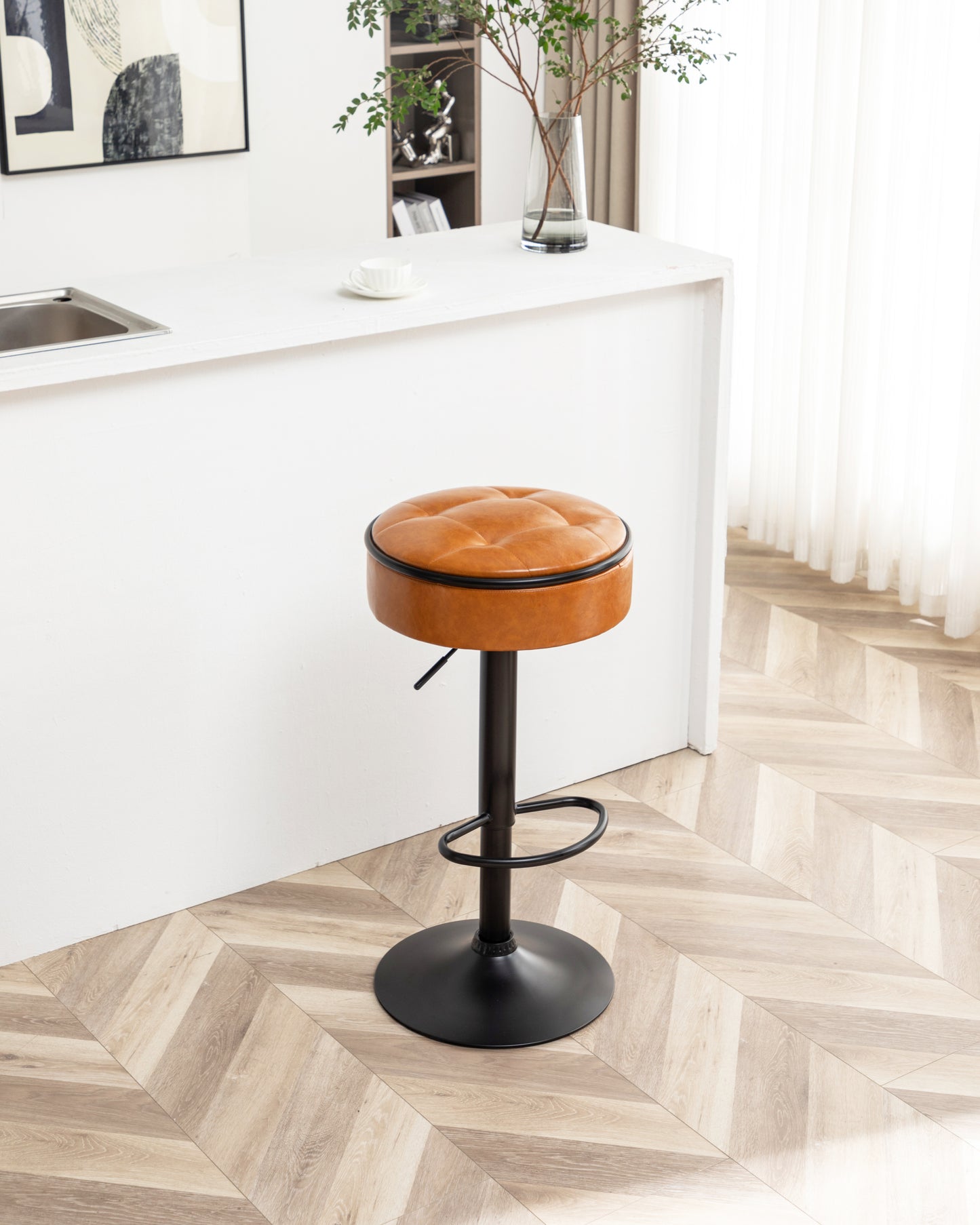 Adjustable Brown Faux Leather Bar Stool Set of 2 360° Swivel Armless Counter Height Chairs for Kitchen Dining Living Room