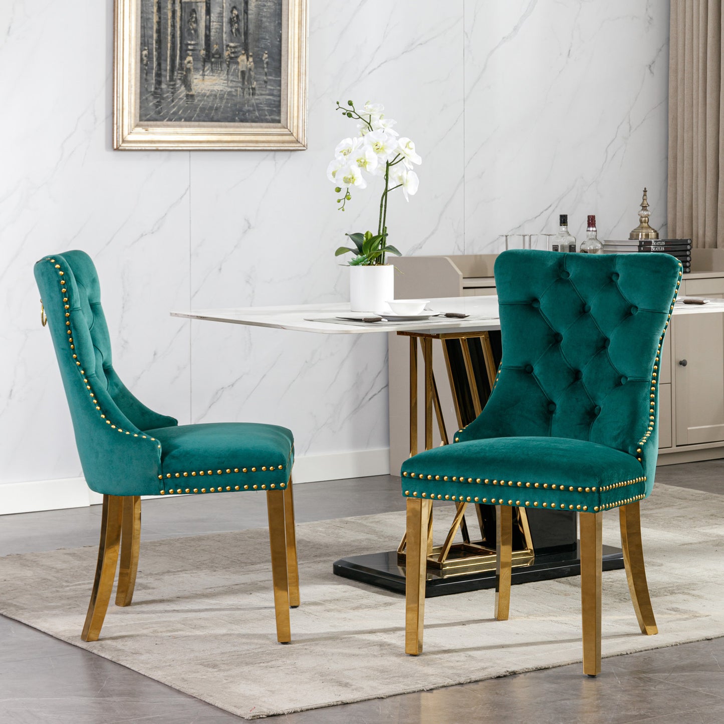 Modern Velvet Upholstered Dining Chairs Set of 2 with Gold Stainless Steel Legs and Nailhead Trim Black and Gold