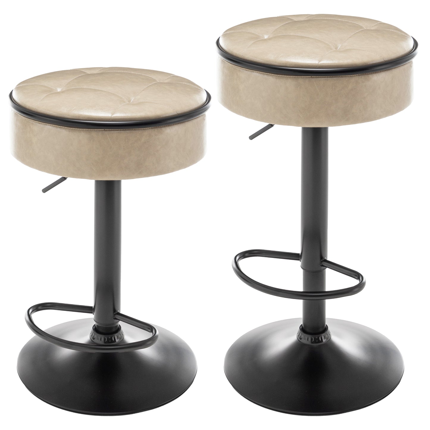 Khaki Faux Leather Adjustable Bar Stool Set of 2 360° Swivel Armless Counter Chairs with Metal Frame for Kitchen Dining Living Room