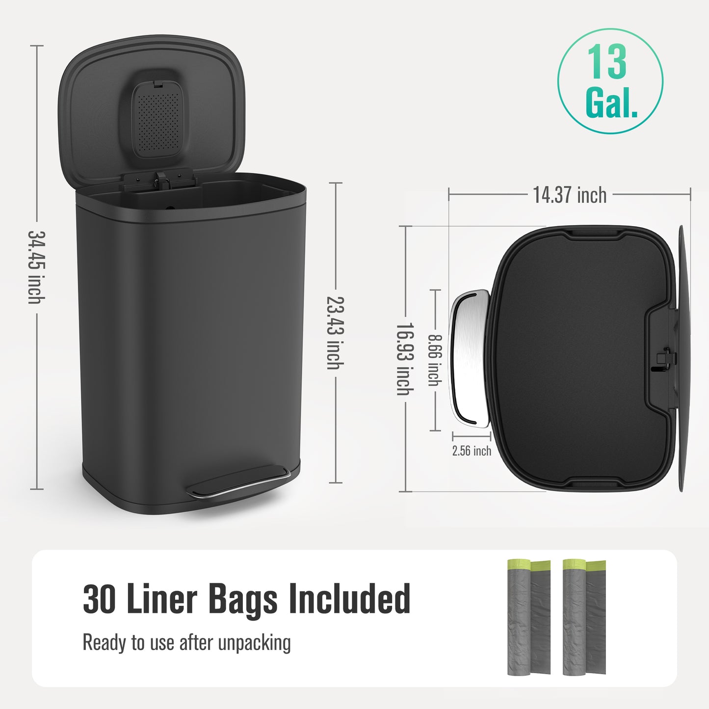 Curved Surface 13 Gallon 50L Kitchen Foot Pedal Soft Close Trash Can Stainless Steel Rectangular Bin with 30 Garbage Bags BLACK