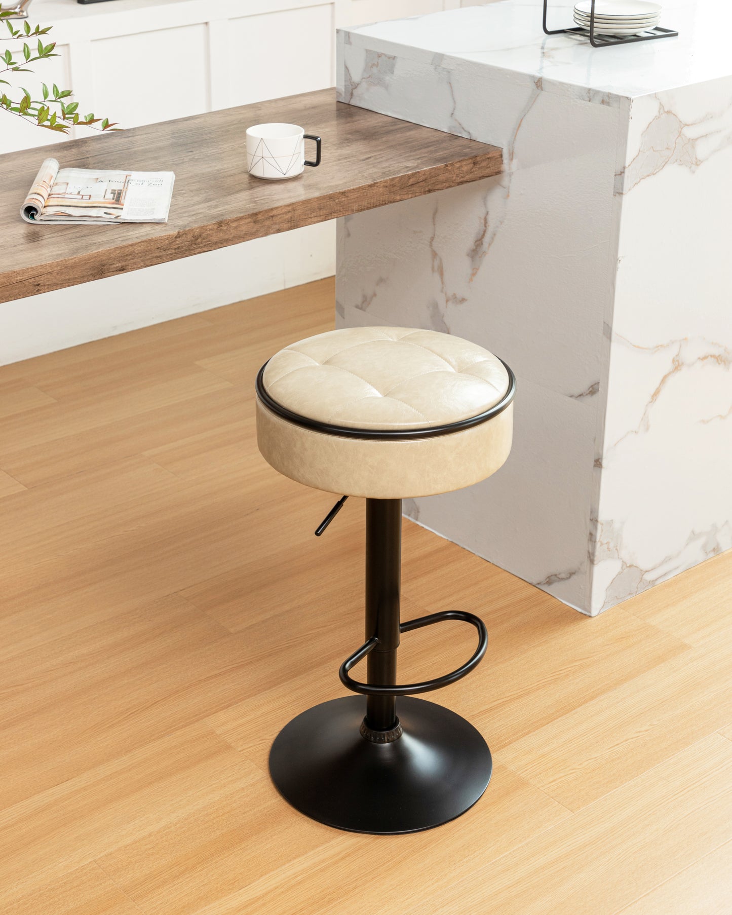 Khaki Faux Leather Adjustable Bar Stool Set of 2 360° Swivel Armless Counter Chairs with Metal Frame for Kitchen Dining Living Room
