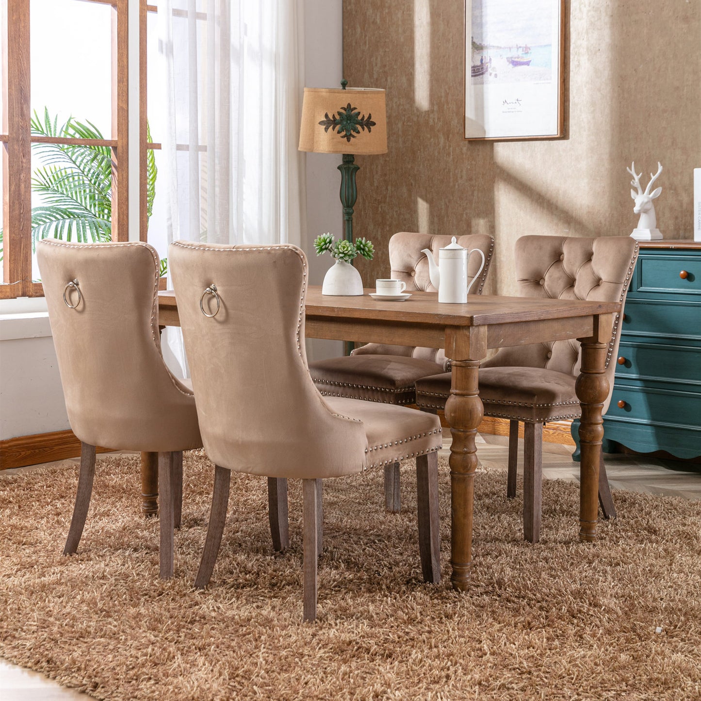 Modern Velvet Upholstered Dining Chair Set with Tufted Design and Nailhead Trim Solid Wood Legs Khaki 2-Pcs