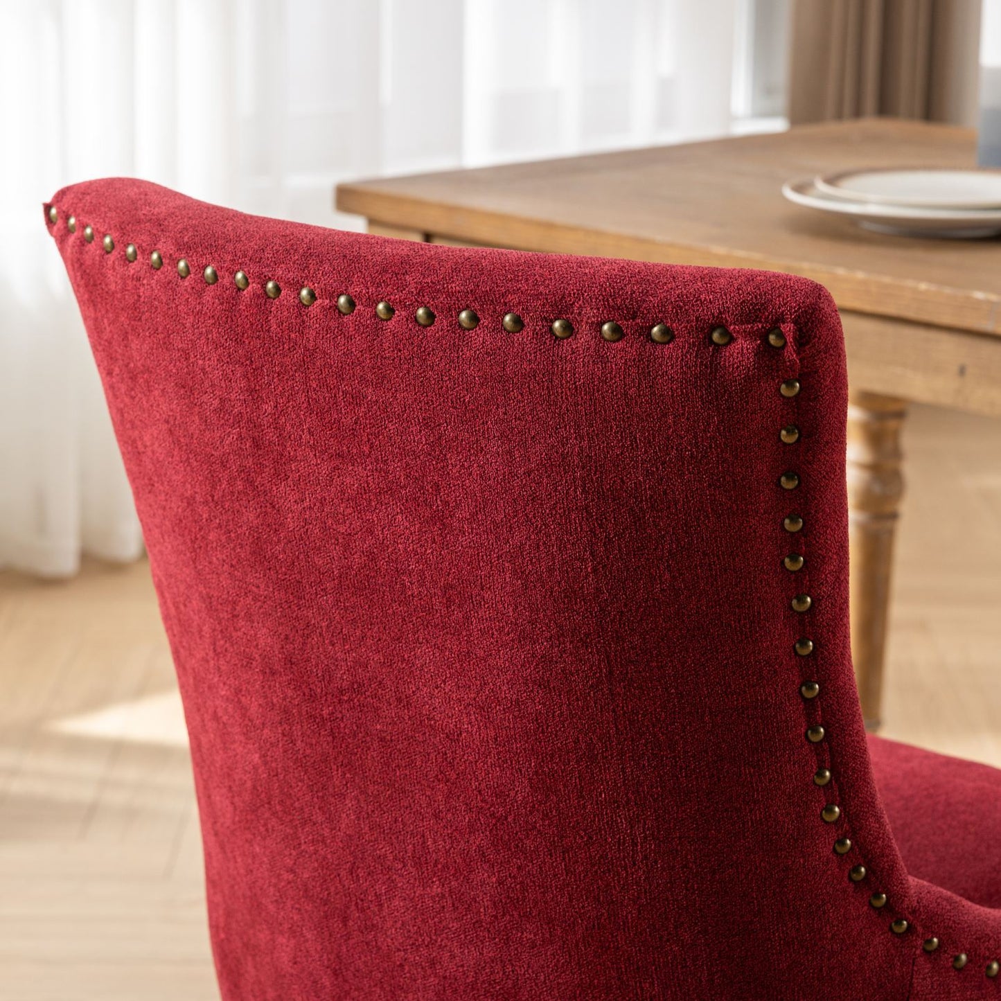 Ultra Side Dining Chair,Thickened fabric chairs with neutrally toned solid wood legs,Bronze nail head,Set of 2,Wine Red,Burgundy,SW1807WR
