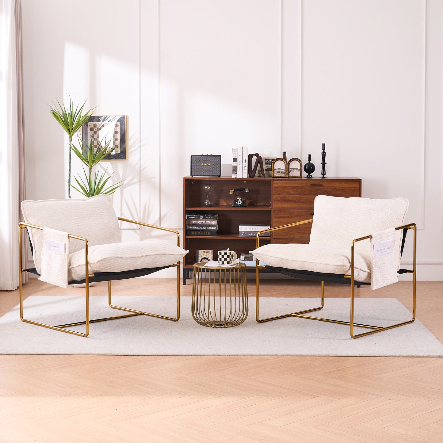 Beige Upholstered Hanging Armchair with Arm Pockets Metal Frame Gold-Plated Cushions for Living Room Bedroom