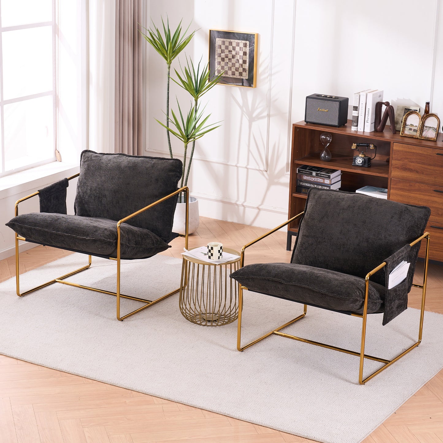 Dual Armchair Set in One Box Upholstered Hanging Chairs with Arm Pockets Metal Frame Dark Gray Crushed Foam Cushions for Living Room Bedroom