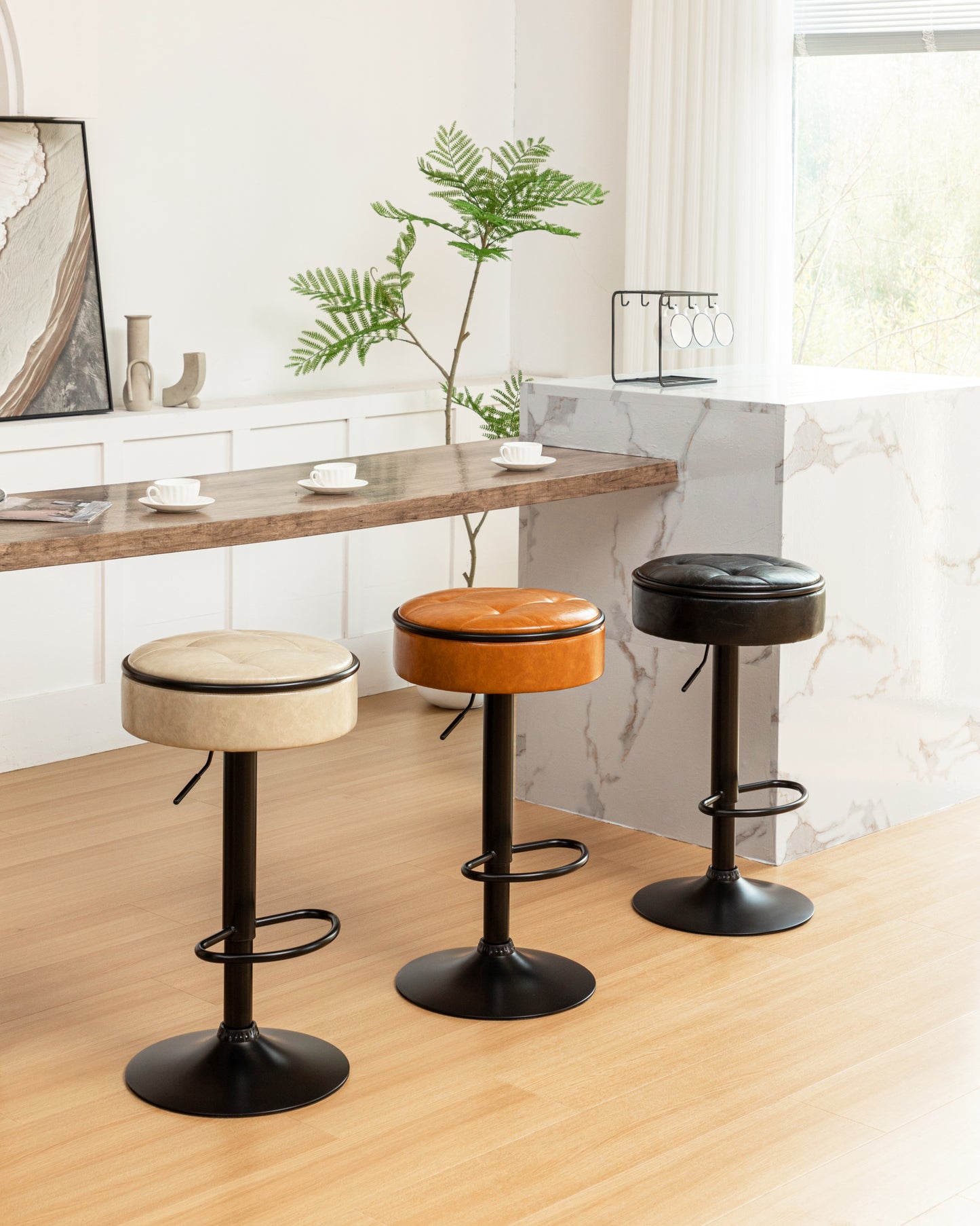 Adjustable Brown Faux Leather Bar Stool Set of 2 360° Swivel Armless Counter Height Chairs for Kitchen Dining Living Room