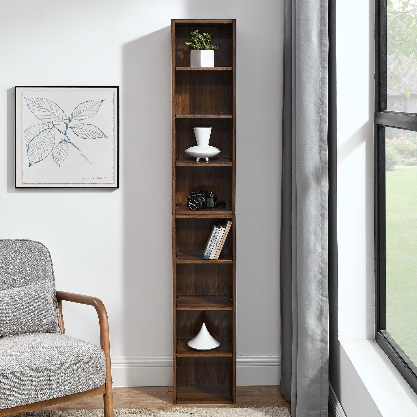 8-Tier Slim Media Tower Rack Adjustable Shelves Tall Bookcase Storage Cabinet for Home Office Display