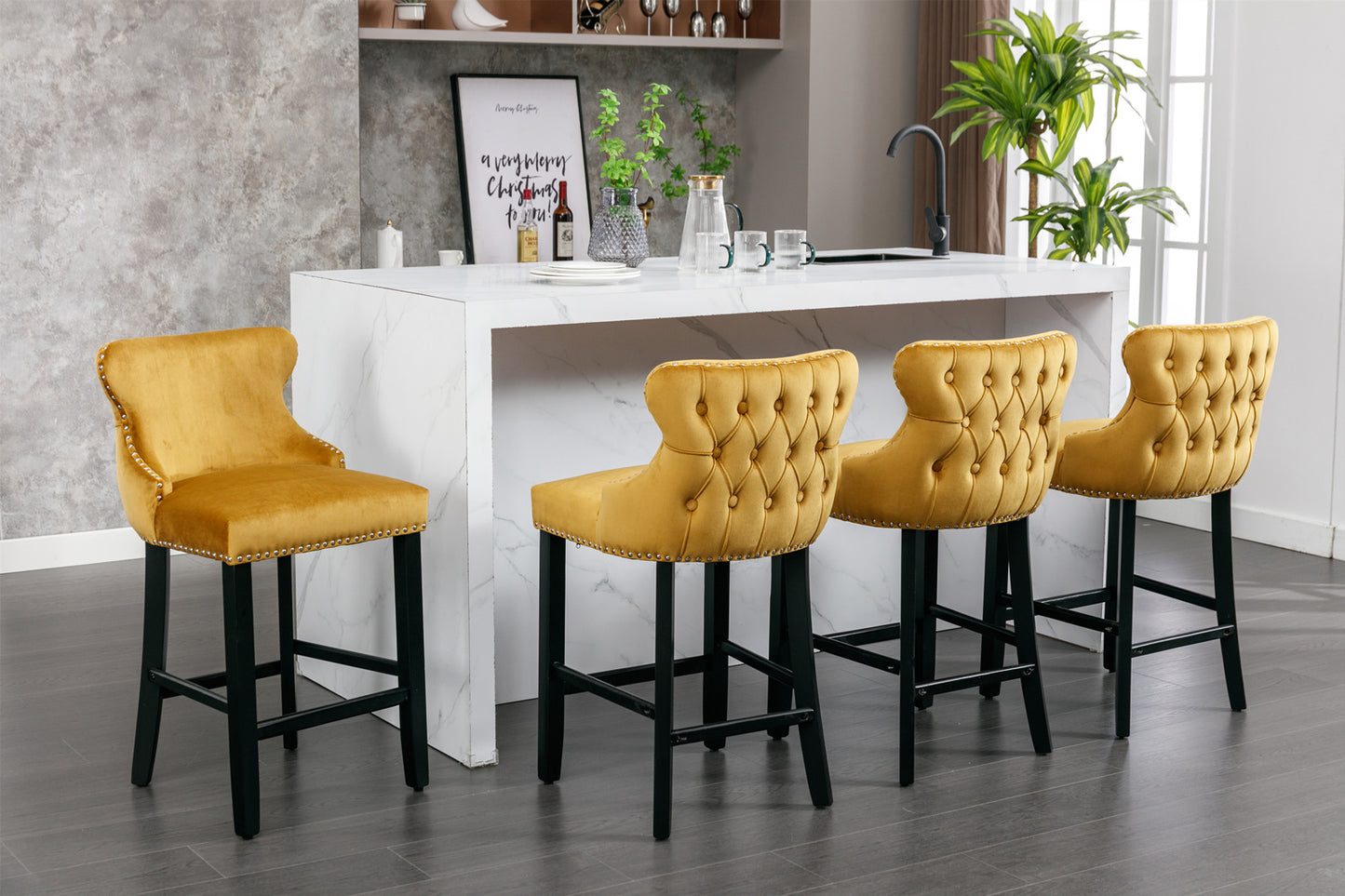 Gold Velvet Wing-Back Barstools with Button Tufting and Chrome Nailhead Trim Set of 2