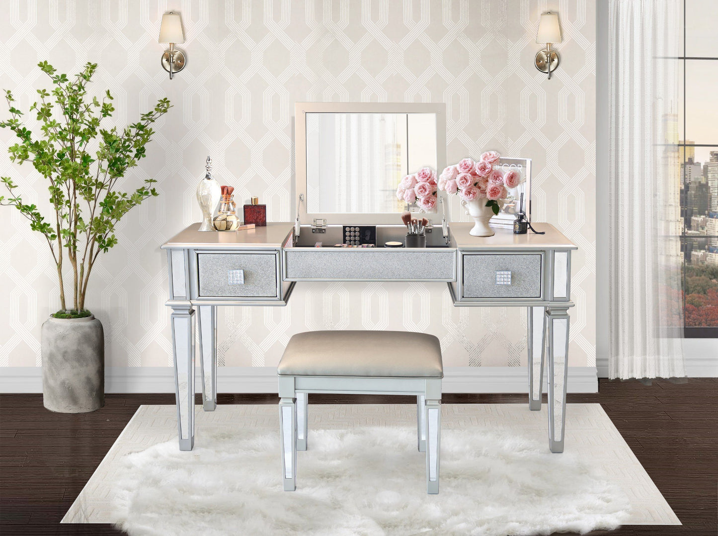 Mirrored Vanity Desk with Drawers and Stool, Flip Top Makeup Table Set for Bedroom, Stylish Dressing Table for Women and Girls