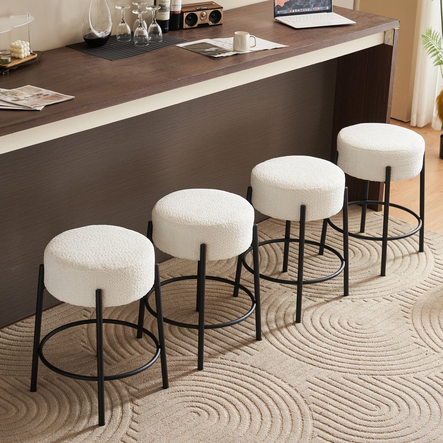 Set of 2 24 Inch Tall Round Upholstered Bar Stools for Kitchen and Coffee Shops Contemporary Design