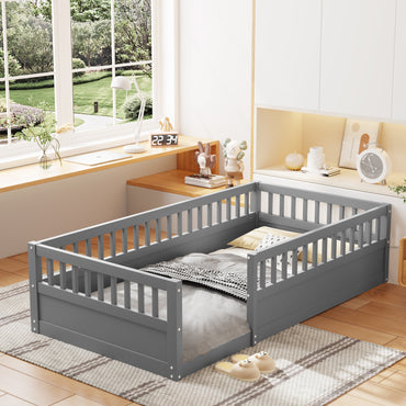 Twin Floor Bed Frame with Fence, Wood Kids Floor Beds Frame for Bedroom Playroom,Gray(Expect arrive date Jun. 21st)