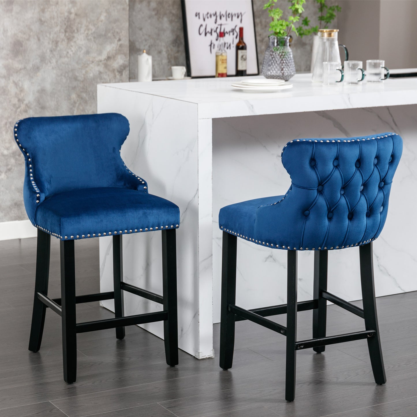 Contemporary Blue Velvet Wing-Back Barstools with Tufted Design and Wooden Legs Set of 2