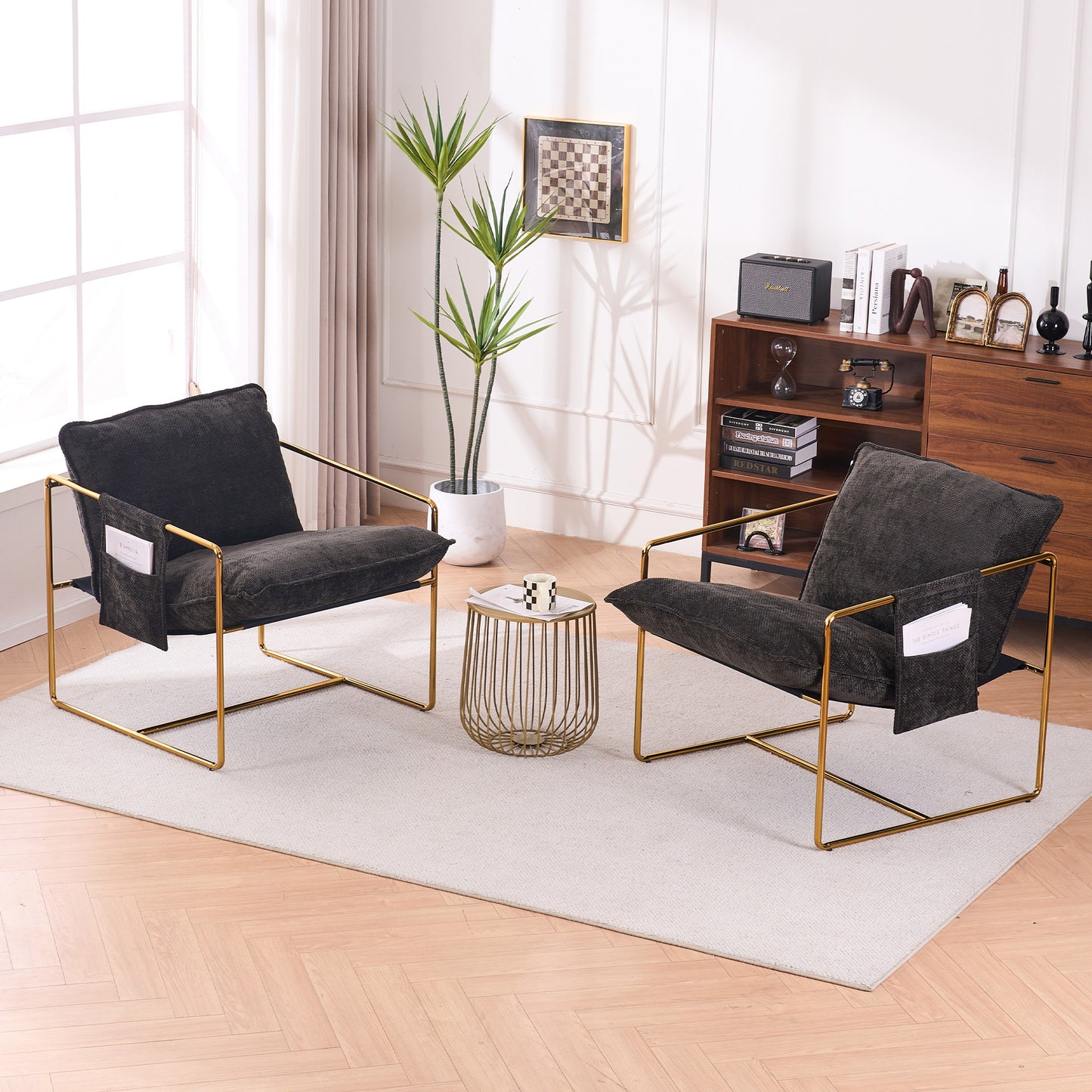 Dual Armchair Set in One Box Upholstered Hanging Chairs with Arm Pockets Metal Frame Dark Gray Crushed Foam Cushions for Living Room Bedroom