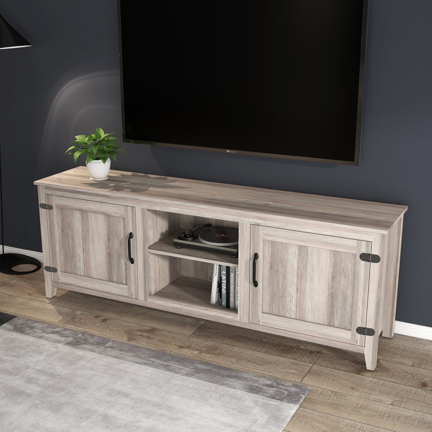 TV Stand Storage Media Console Entertainment Center with Two Doors in Grey Walnut Finish