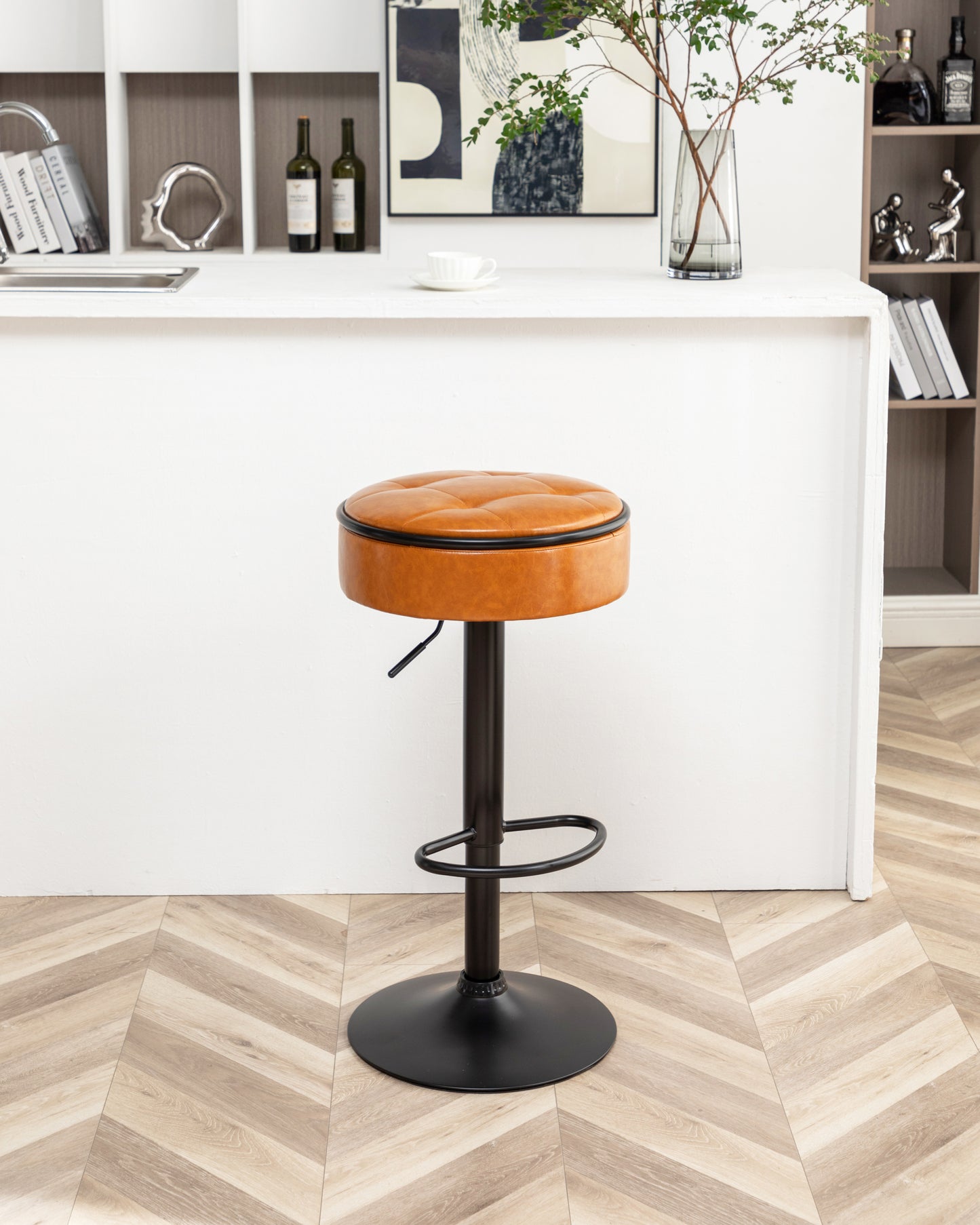 Adjustable Brown Faux Leather Bar Stool Set of 2 360° Swivel Armless Counter Height Chairs for Kitchen Dining Living Room