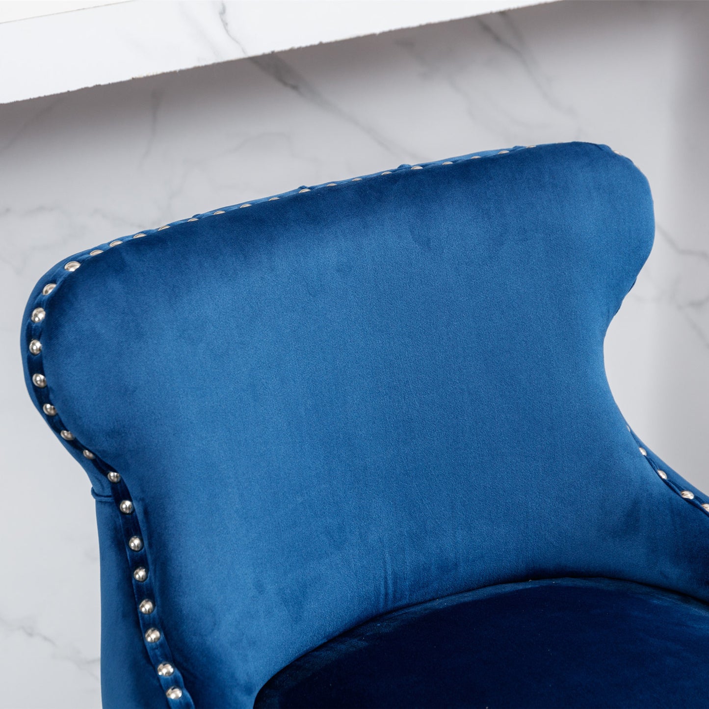 Contemporary Blue Velvet Wing-Back Barstools with Tufted Design and Wooden Legs Set of 2