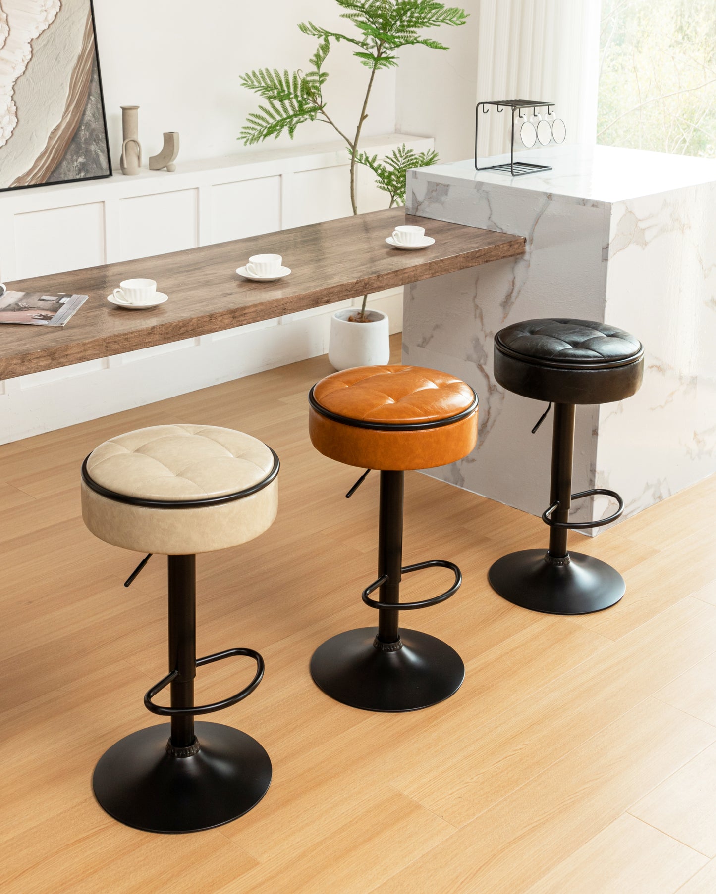 Khaki Faux Leather Adjustable Bar Stool Set of 2 360° Swivel Armless Counter Chairs with Metal Frame for Kitchen Dining Living Room