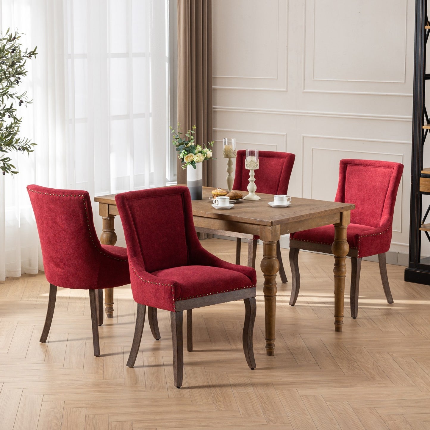 Ultra Side Dining Chair,Thickened fabric chairs with neutrally toned solid wood legs,Bronze nail head,Set of 2,Wine Red,Burgundy,SW1807WR