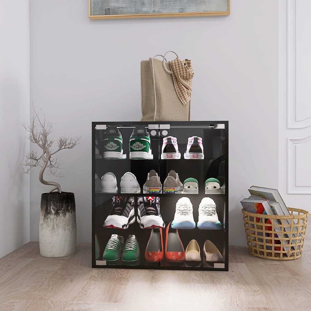 4 Layer Black Shoe Cabinet with Glass Door, Glass Layer Shoes Display Cabinet