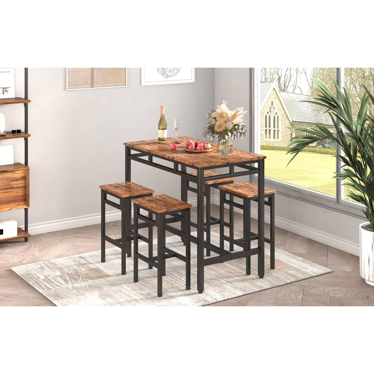 5PC Rustic Brown Industrial Style Bar Table Set with High Stools