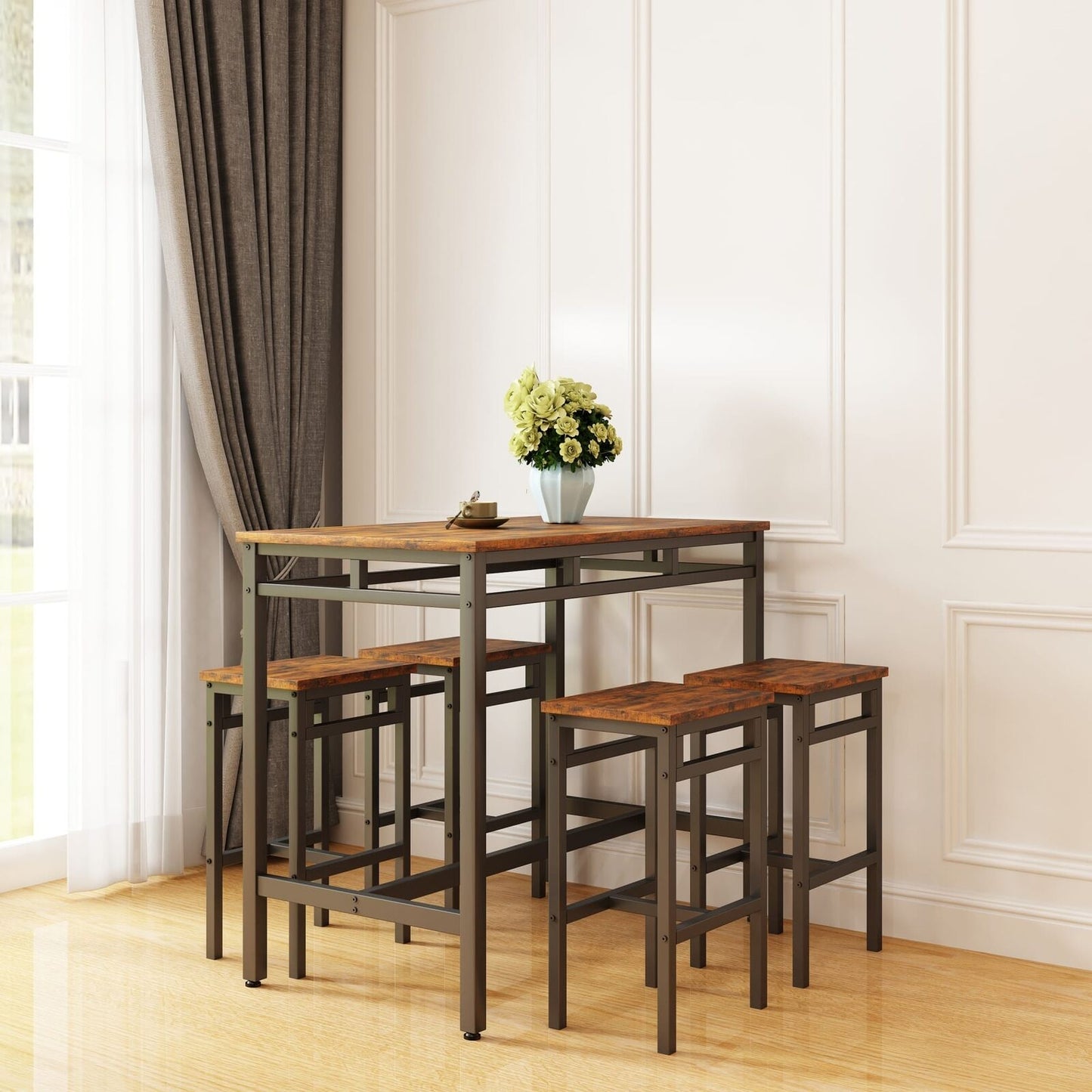 5PC Rustic Brown Industrial Style Bar Table Set with High Stools