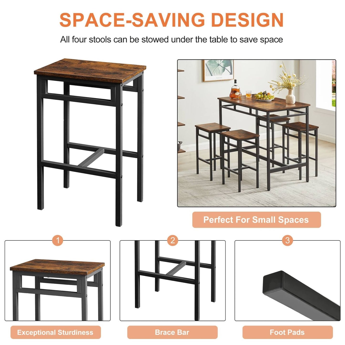 5PC Rustic Brown Industrial Style Bar Table Set with High Stools