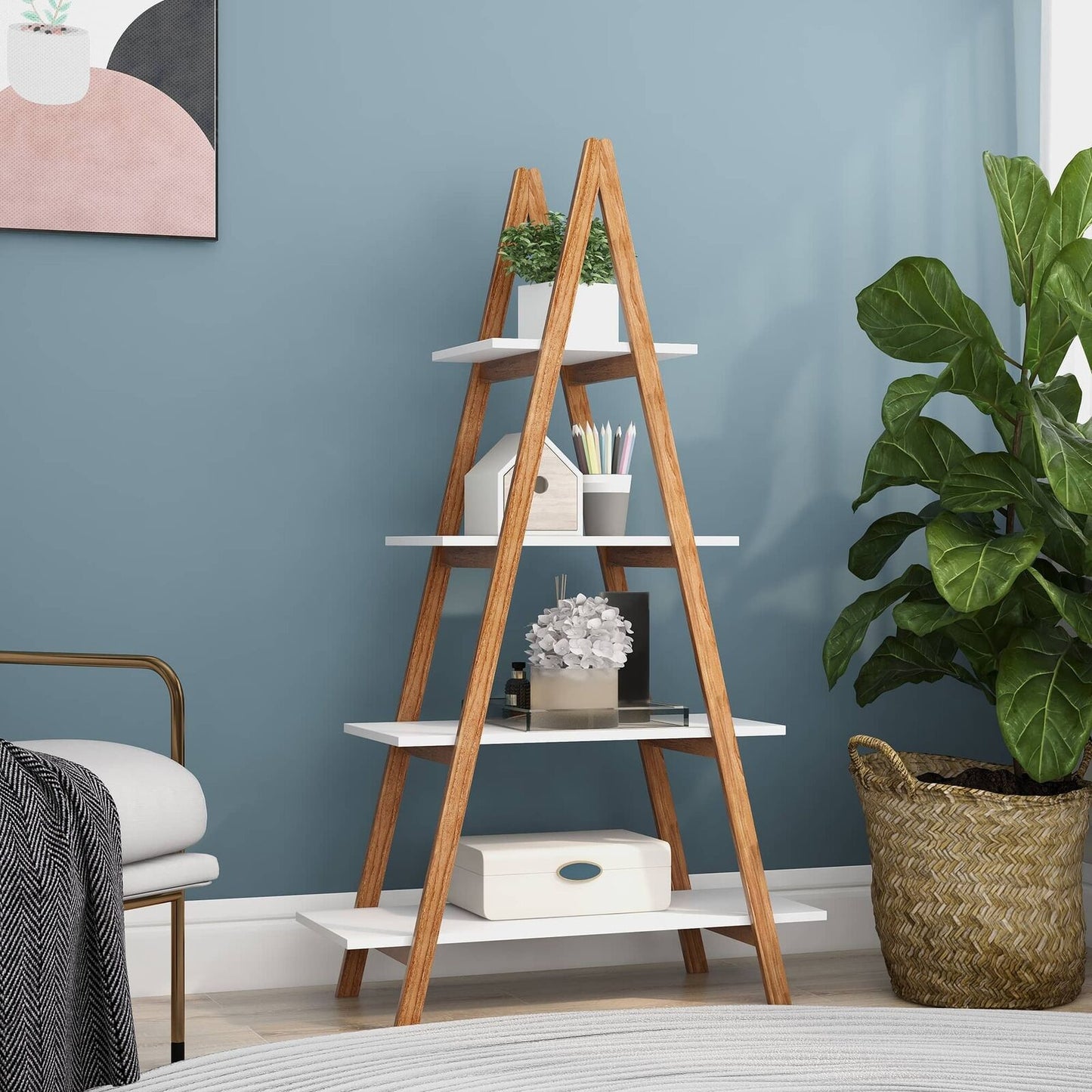 Solid Bamboo Wood A-Frame Ladder Display Bookshelf, 4-Tier Open Shelves