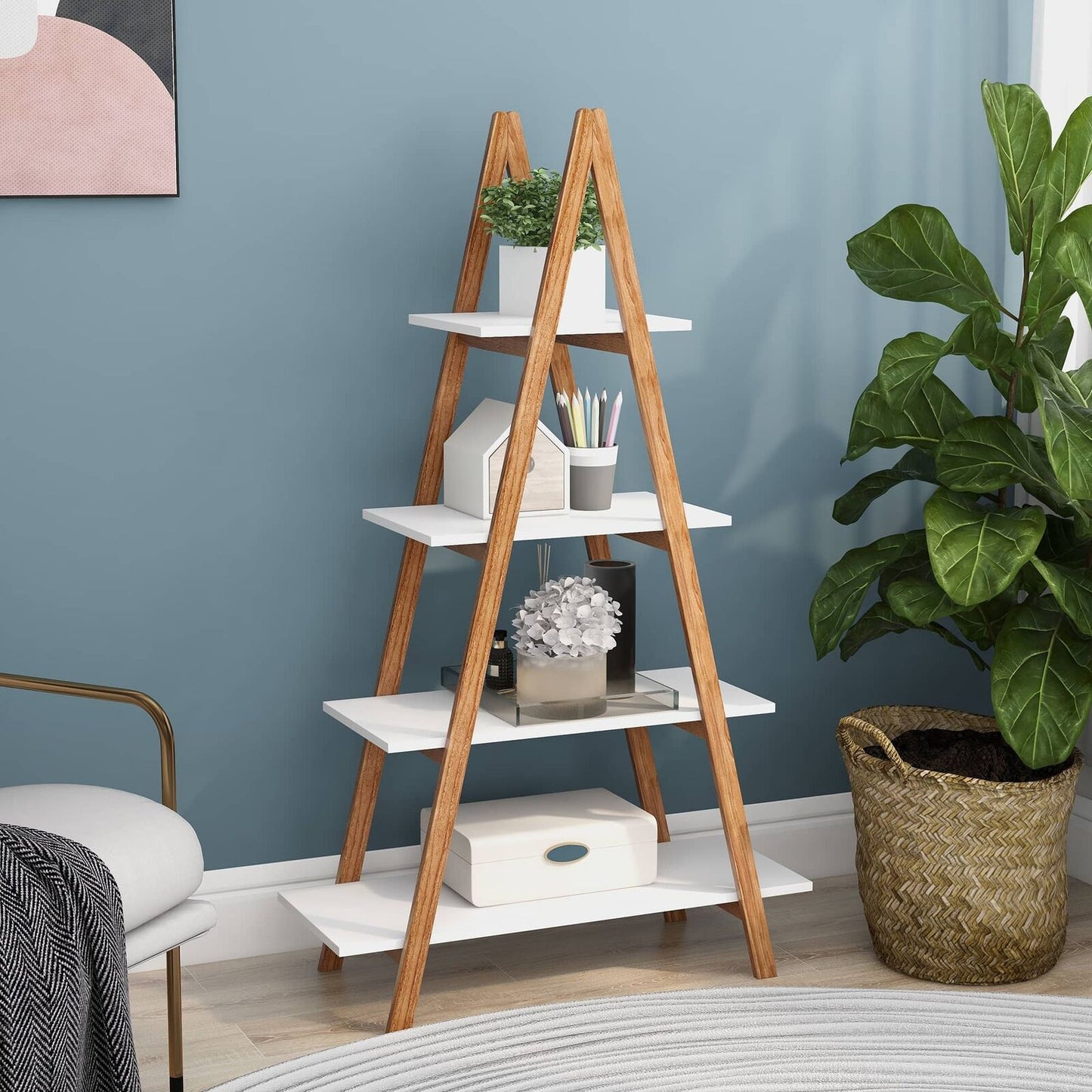 Solid Bamboo Wood A-Frame Ladder Display Bookshelf, 4-Tier Open Shelves