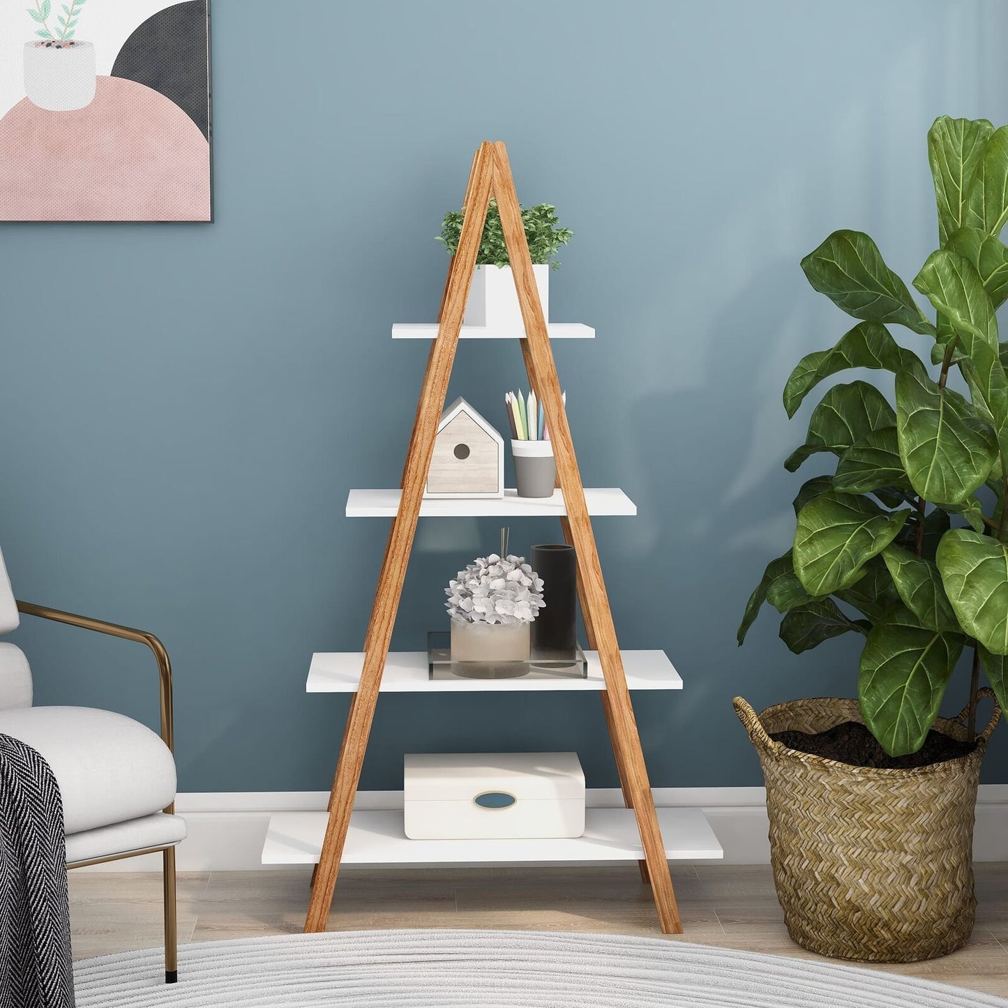 Solid Bamboo Wood A-Frame Ladder Display Bookshelf, 4-Tier Open Shelves