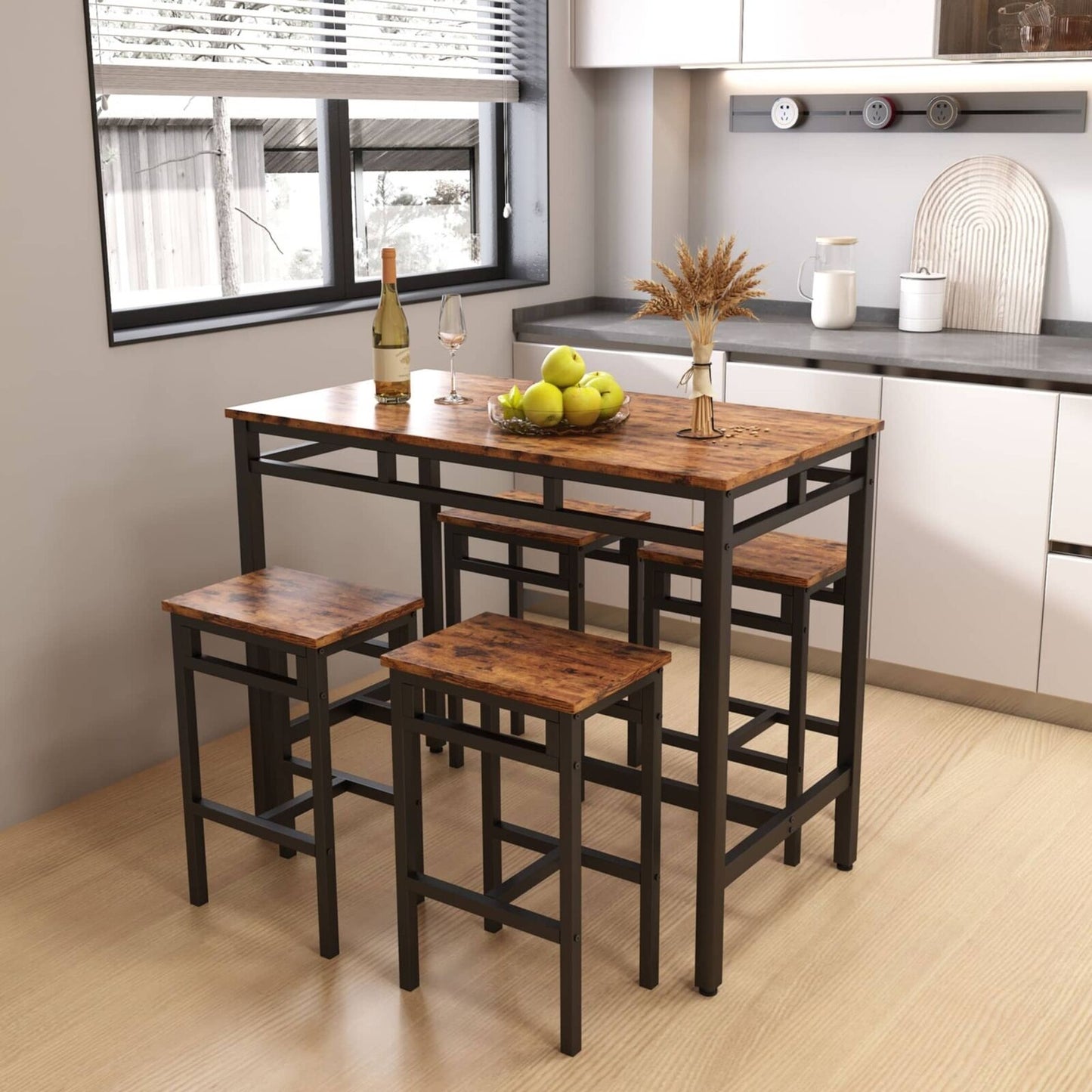 5PC Rustic Brown Industrial Style Bar Table Set with High Stools