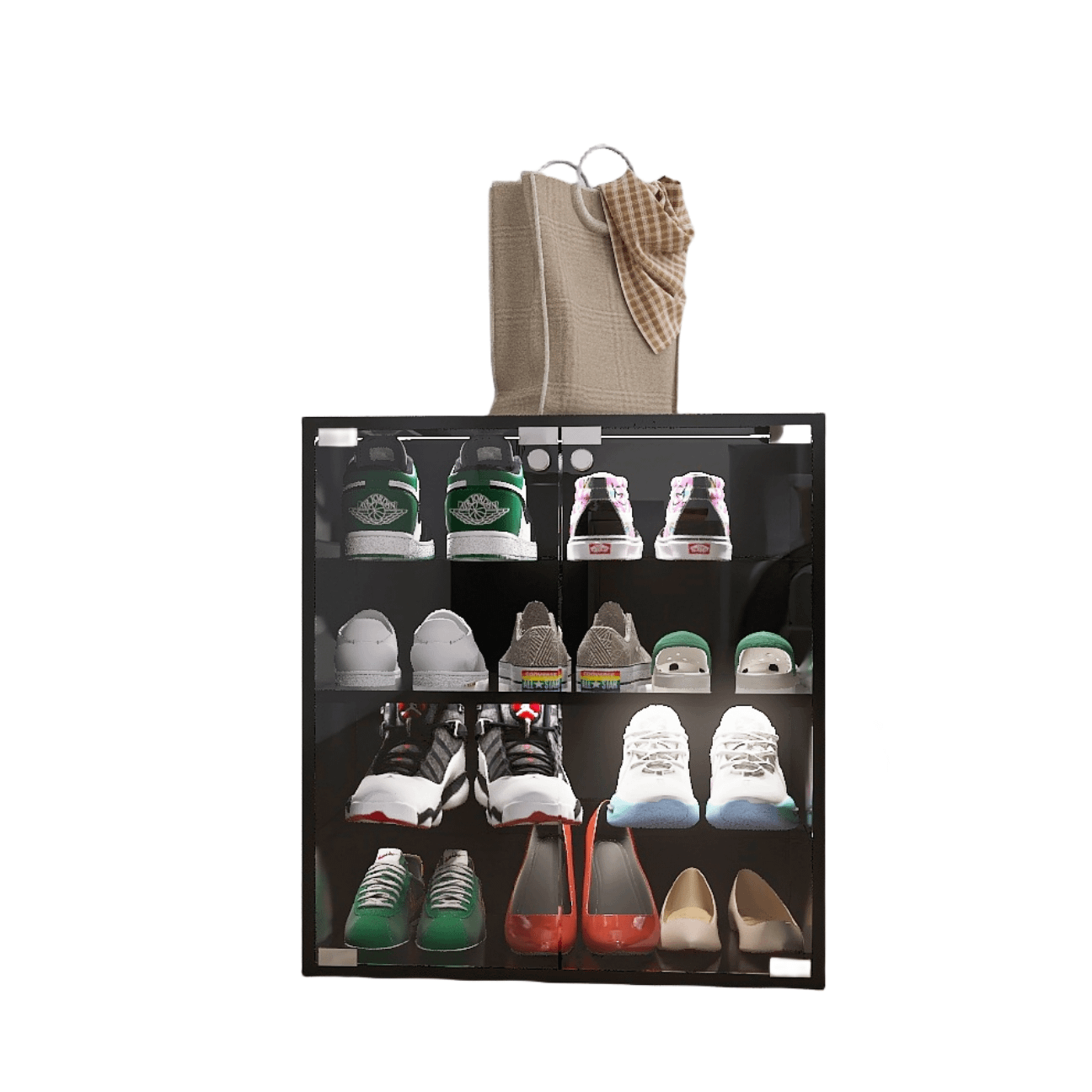 4 Layer Black Shoe Cabinet with Glass Door, Glass Layer Shoes Display Cabinet
