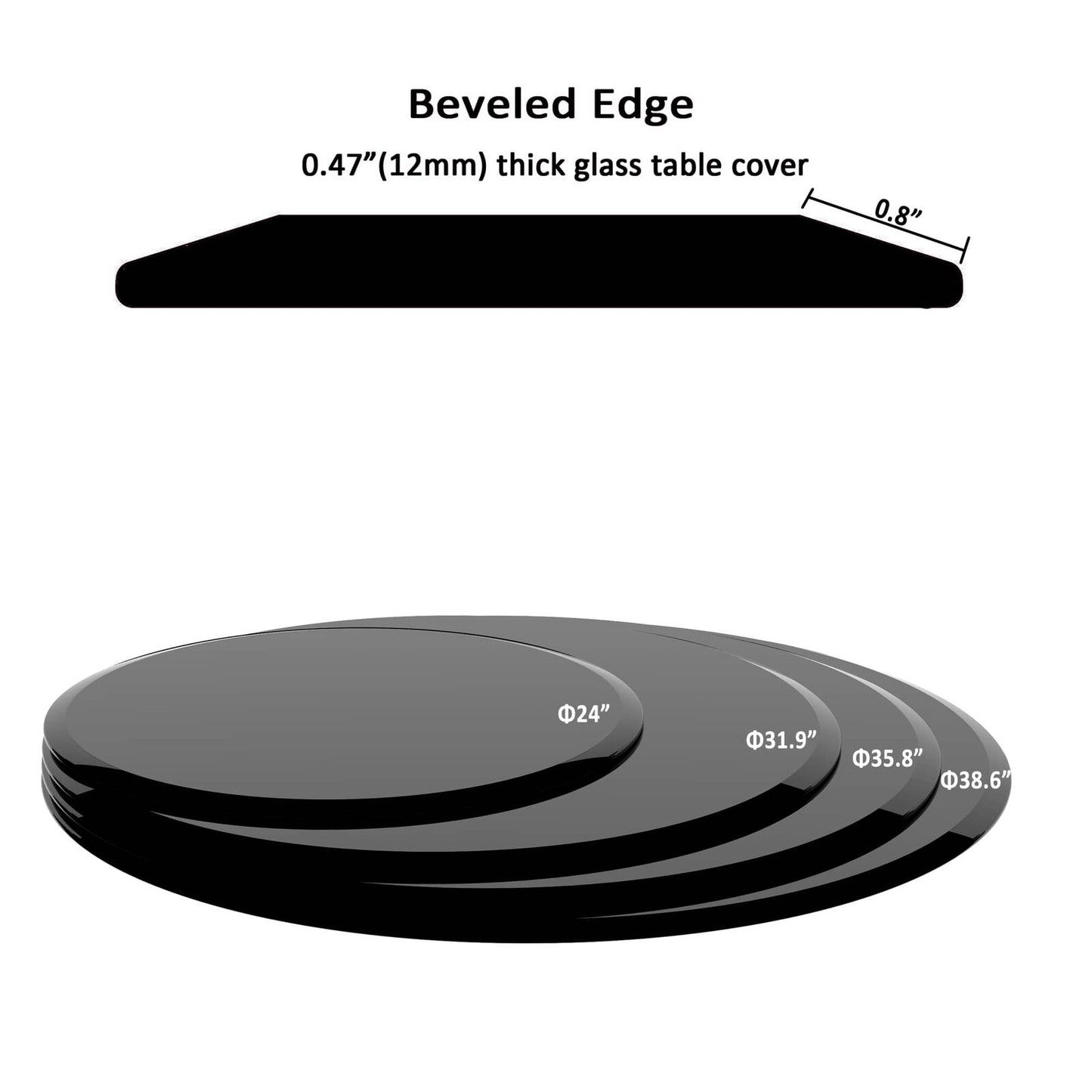 32" Round Tempered Glass Table Top Black 1/2" Thick Beveled Polished Edge