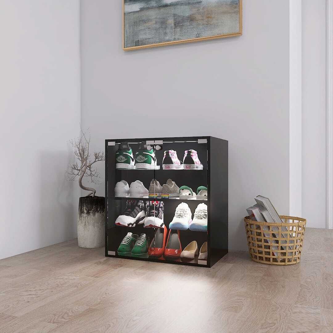 4 Layer Black Shoe Cabinet with Glass Door, Glass Layer Shoes Display Cabinet