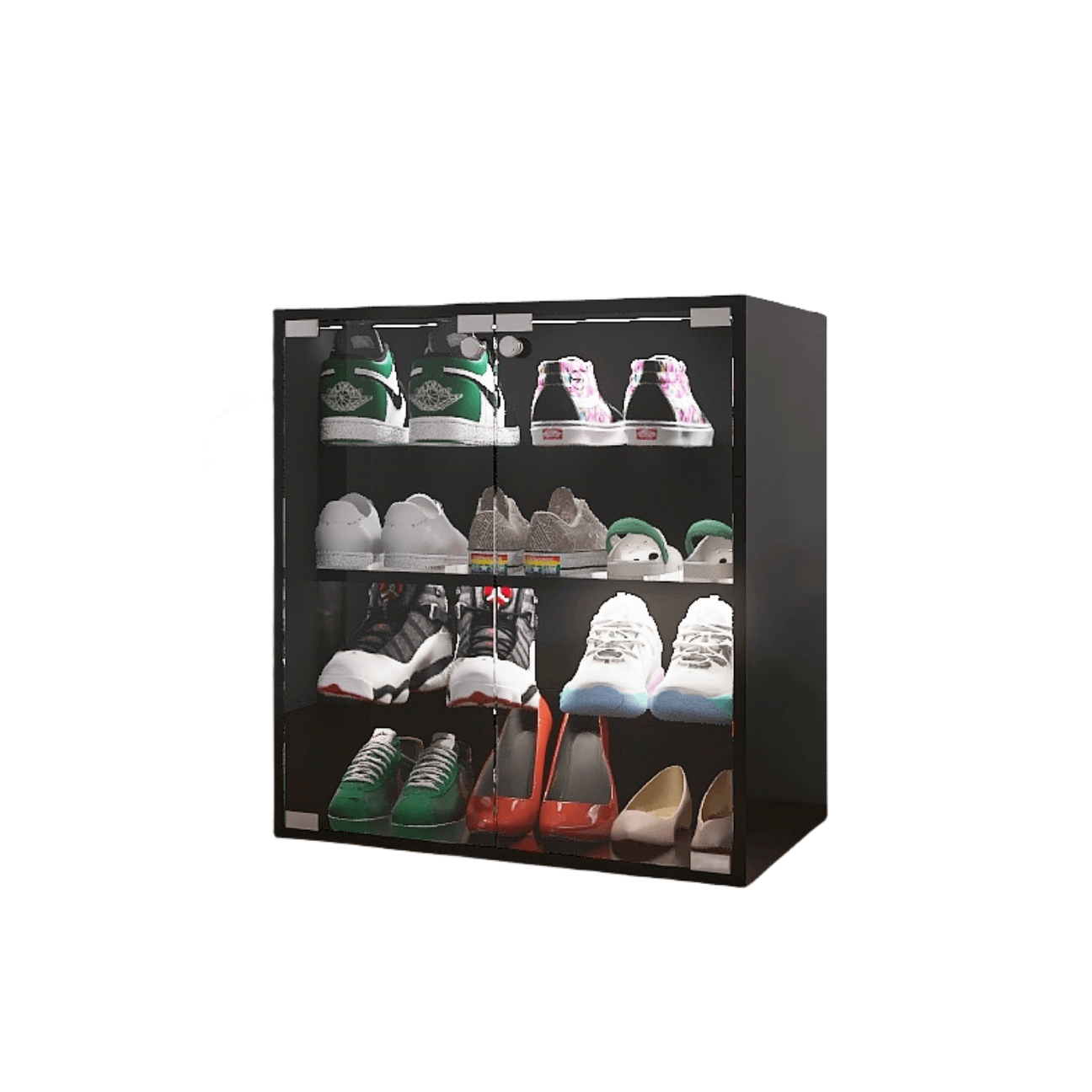 4 Layer Black Shoe Cabinet with Glass Door, Glass Layer Shoes Display Cabinet