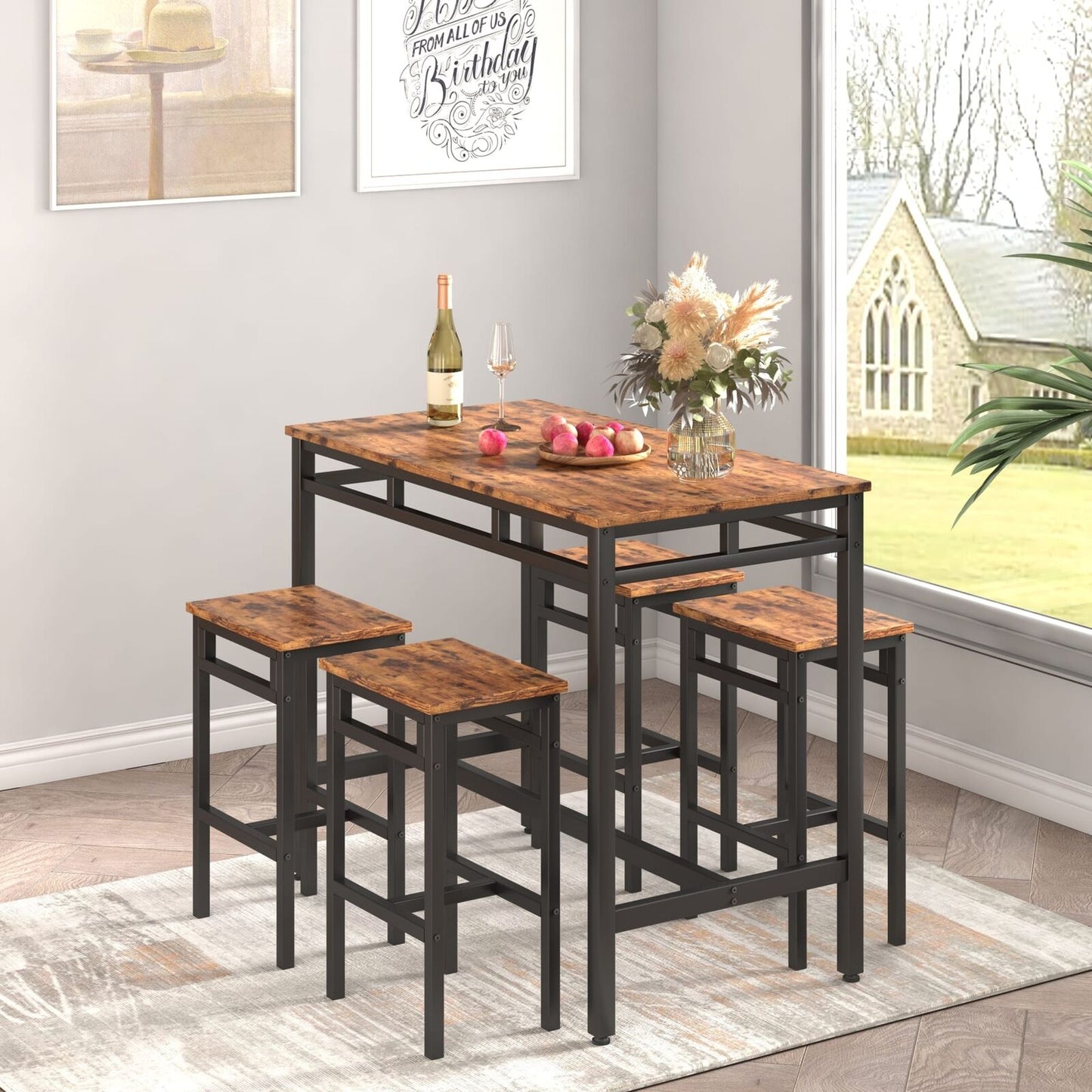5PC Rustic Brown Industrial Style Bar Table Set with High Stools