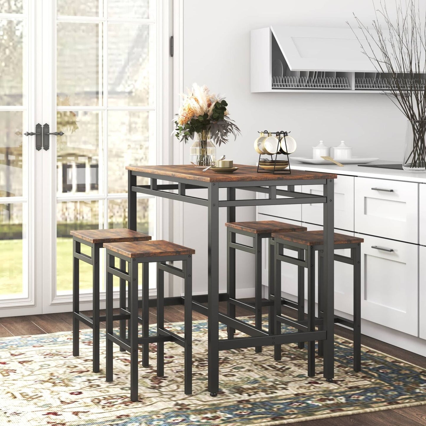 5PC Rustic Brown Industrial Style Bar Table Set with High Stools