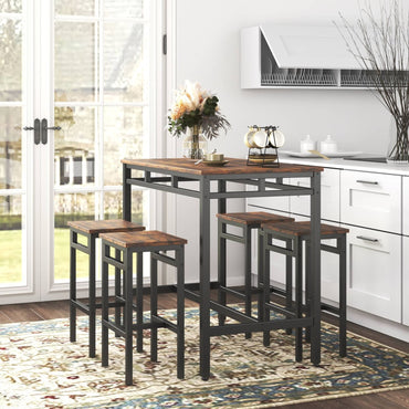 5PC Rustic Brown Industrial Style Bar Table Set with High Stools