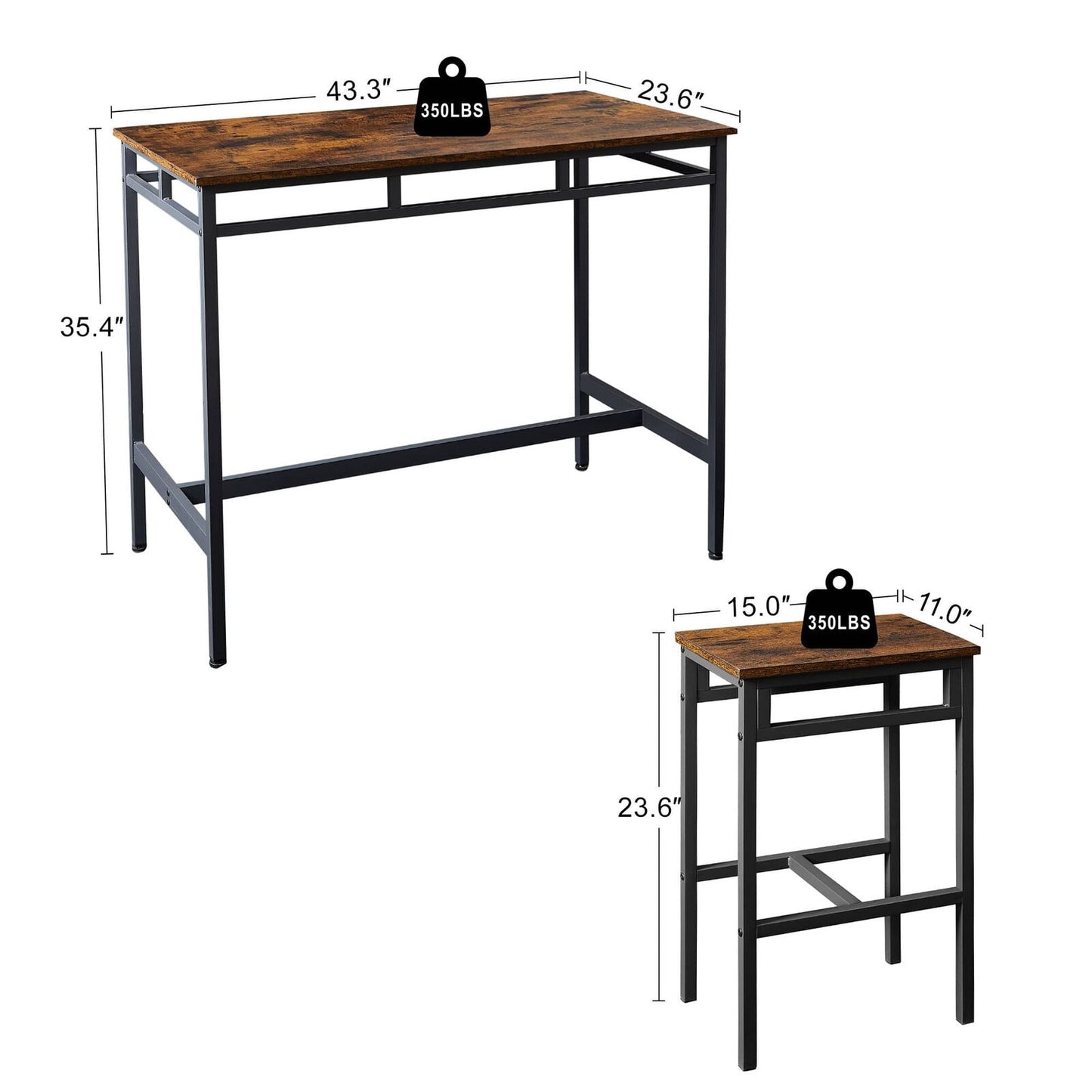5PC Rustic Brown Industrial Style Bar Table Set with High Stools