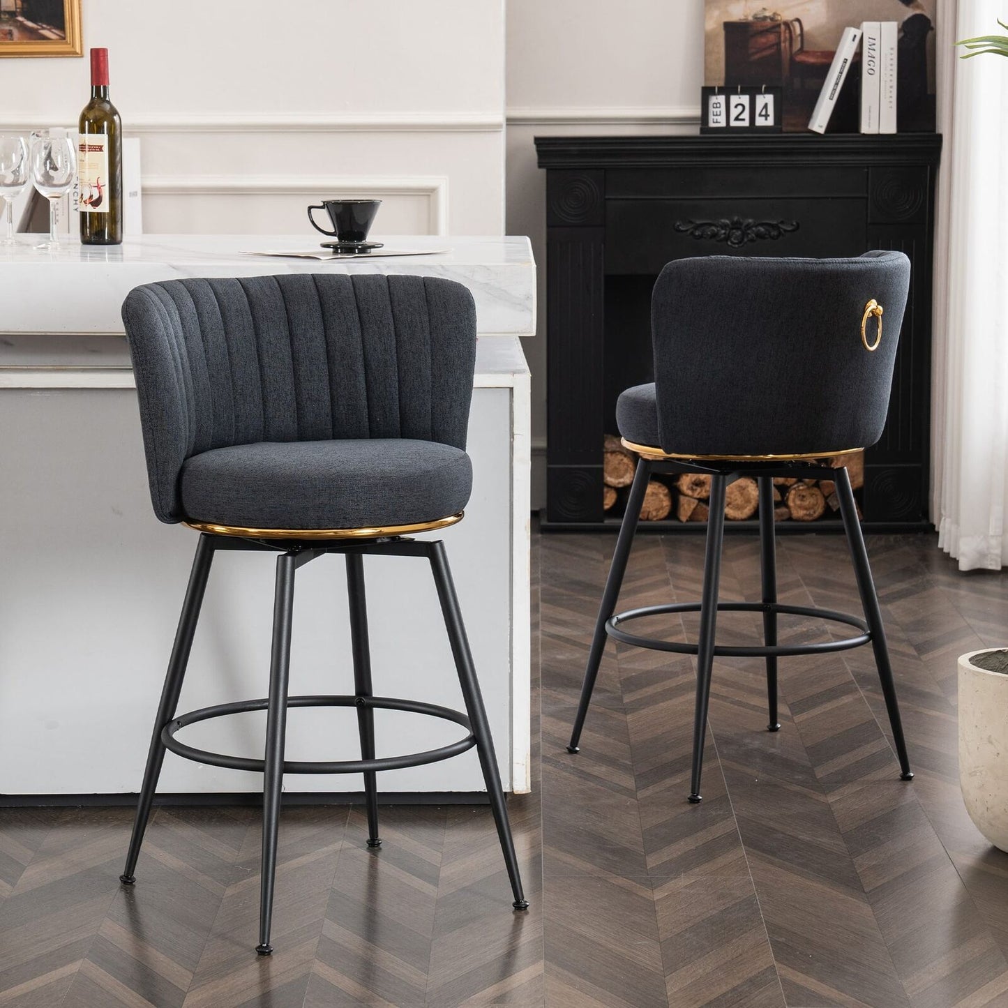 Set of 2 Swivel Bar Stools - High-Back, Adjustable, Upholstered