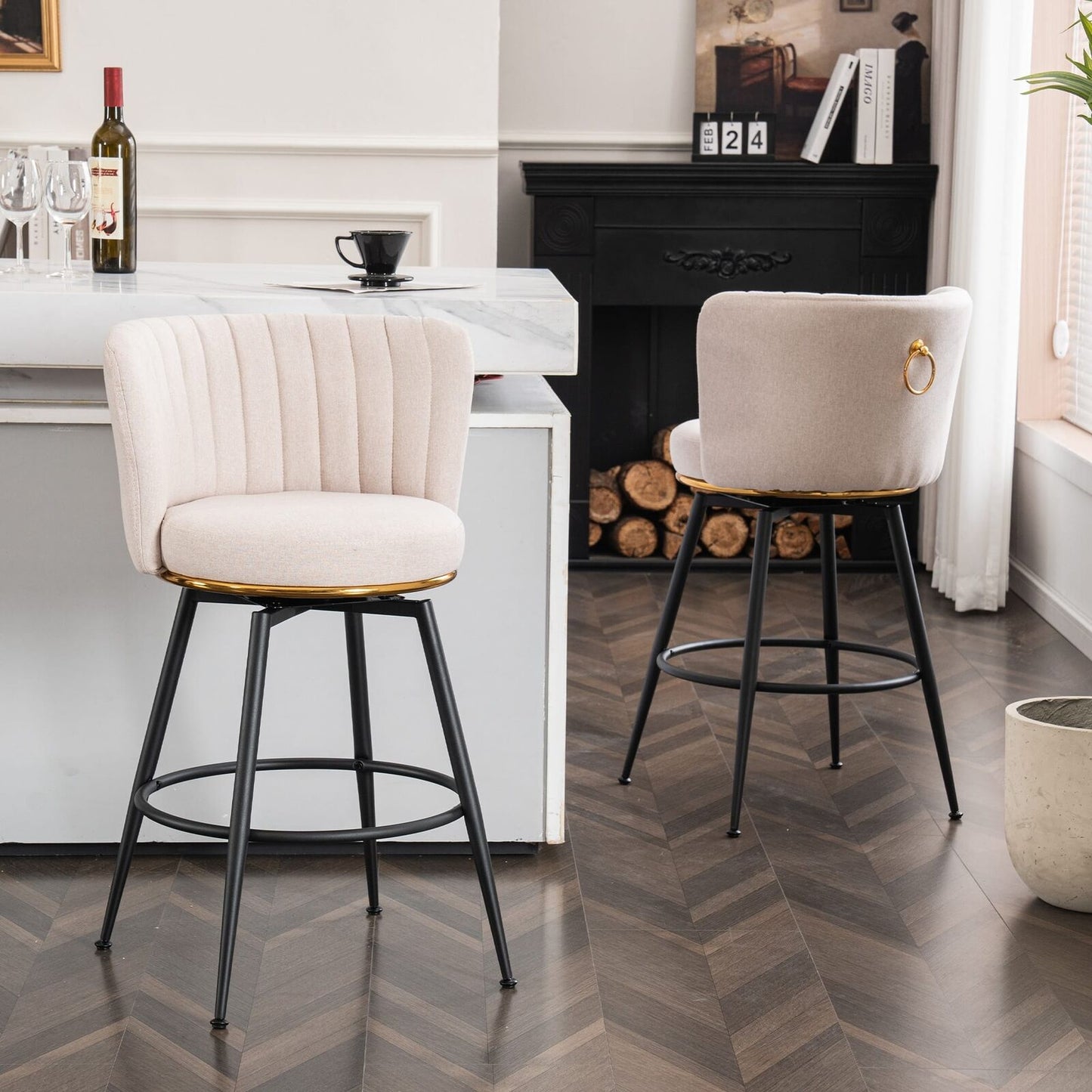 Set of 2 Swivel Bar Stools - High-Back, Adjustable, Upholstered