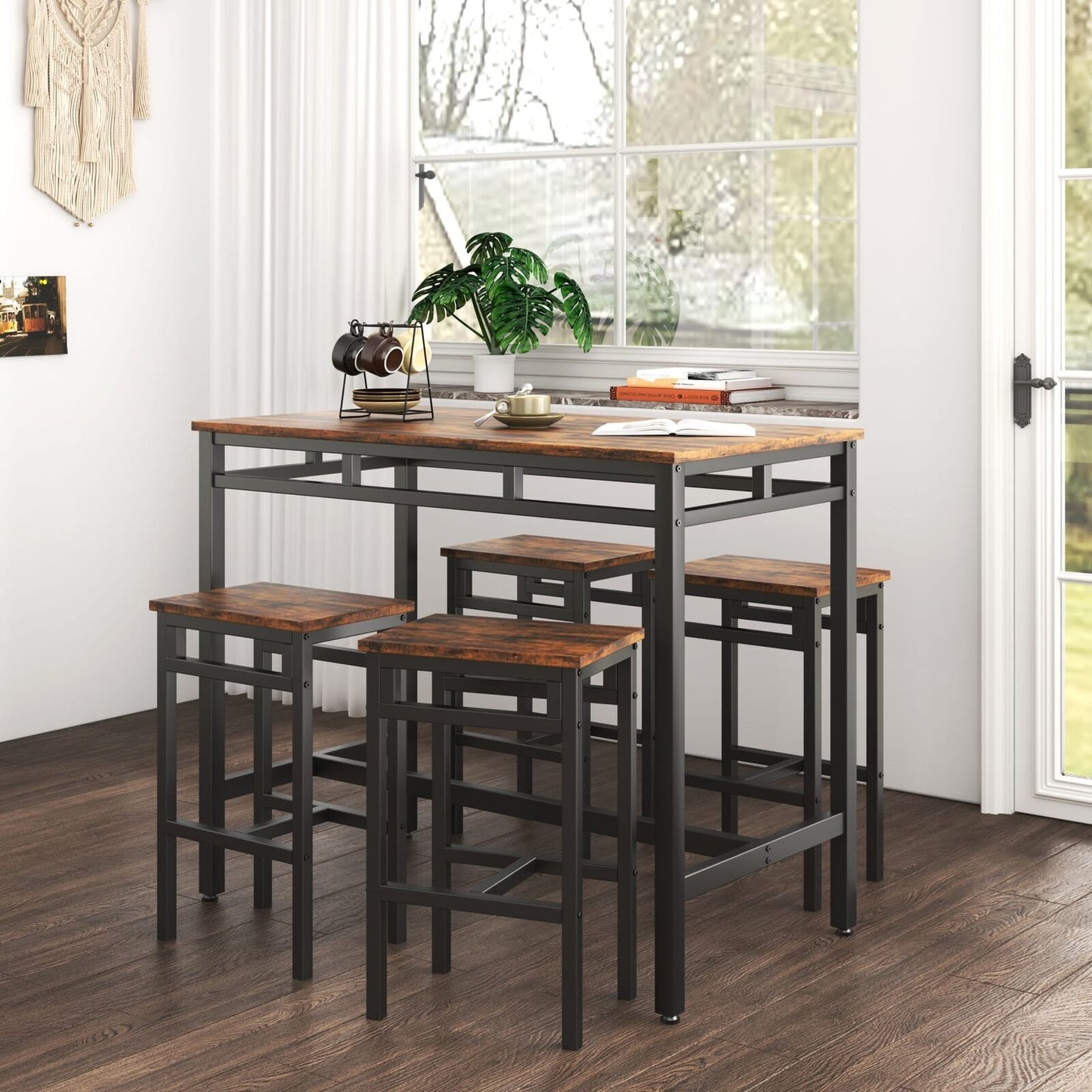 5PC Rustic Brown Industrial Style Bar Table Set with High Stools