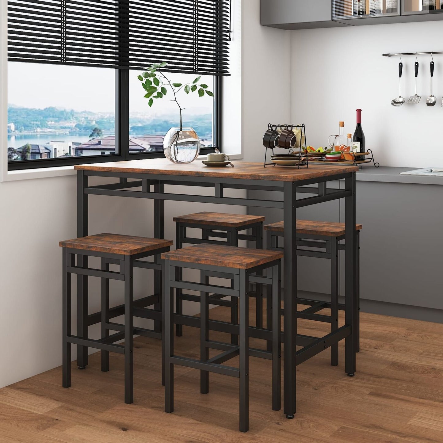 5PC Rustic Brown Industrial Style Bar Table Set with High Stools