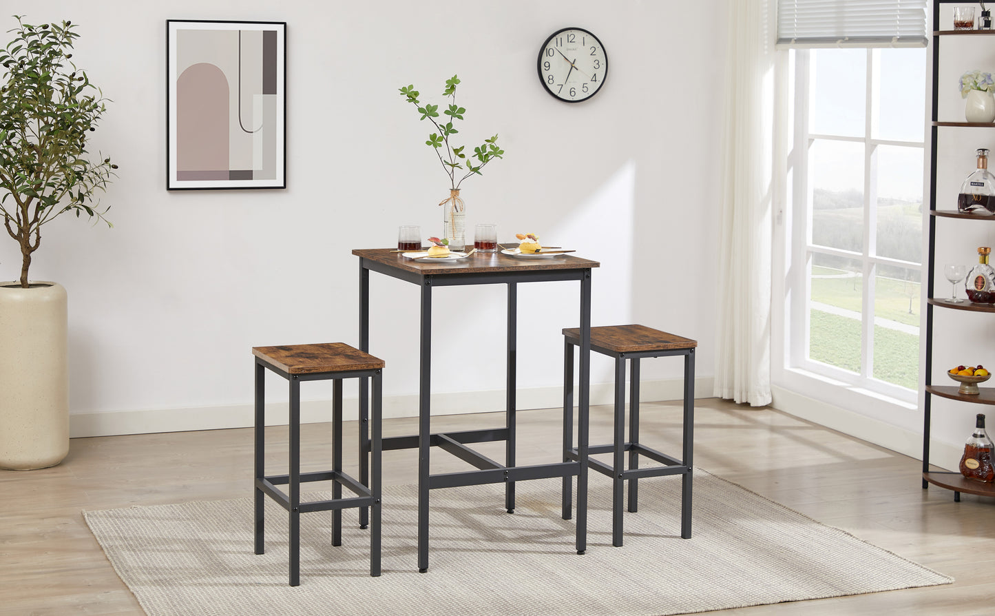 Industrial Square Bar Table Set with 2 Rustic Brown Chairs for Kitchen Living Room Space Saving 23.6x23.6x35.4 Inches