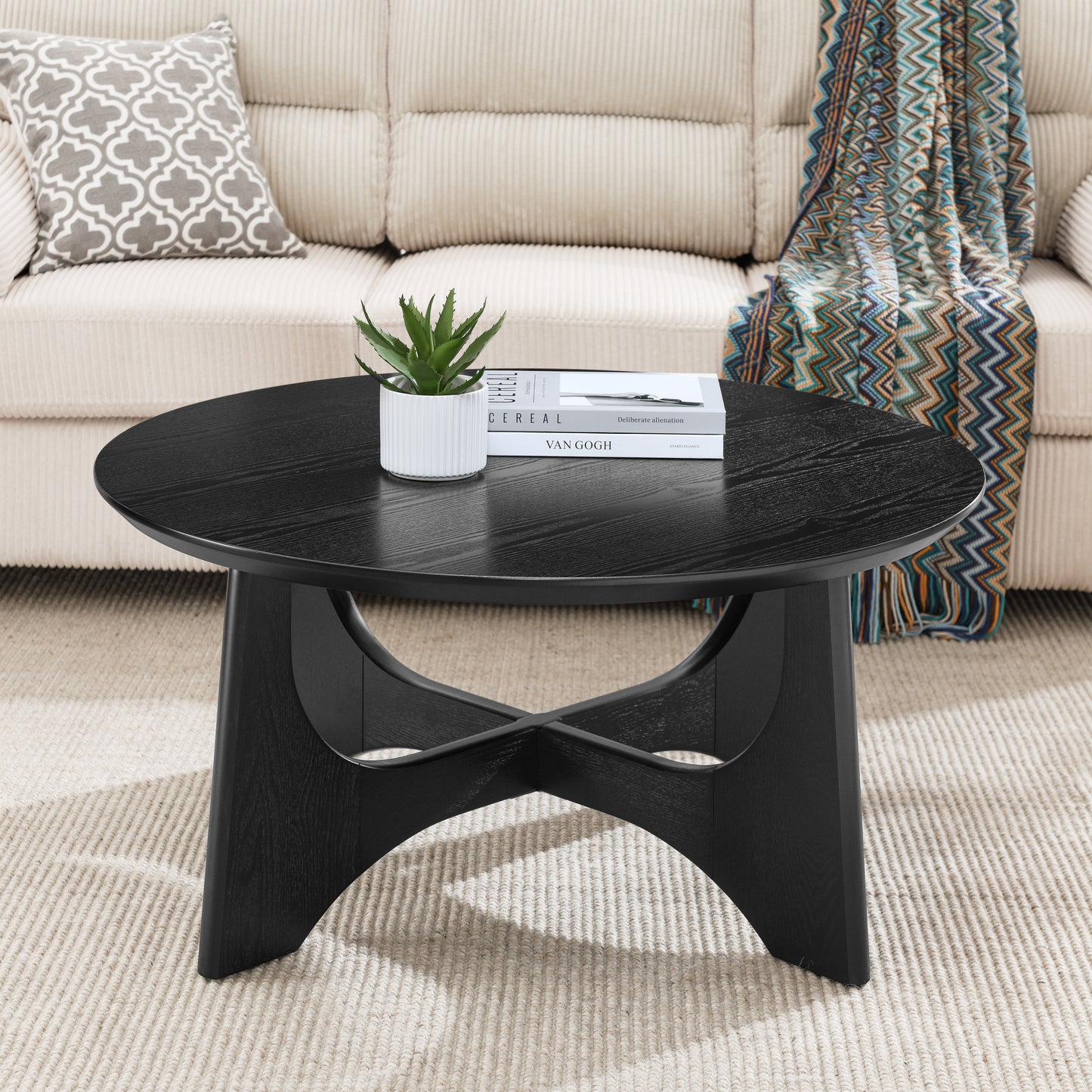 36 Inch Round Wooden Coffee Table for Living Room Reception Room Black Finish