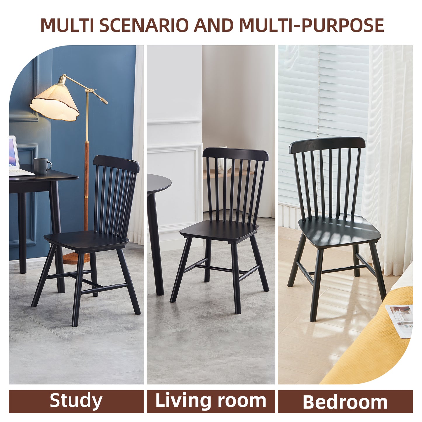 Black Rubber Wood Dining Chairs Set of 4 Simple Natural Solid Wood Living Room Seating