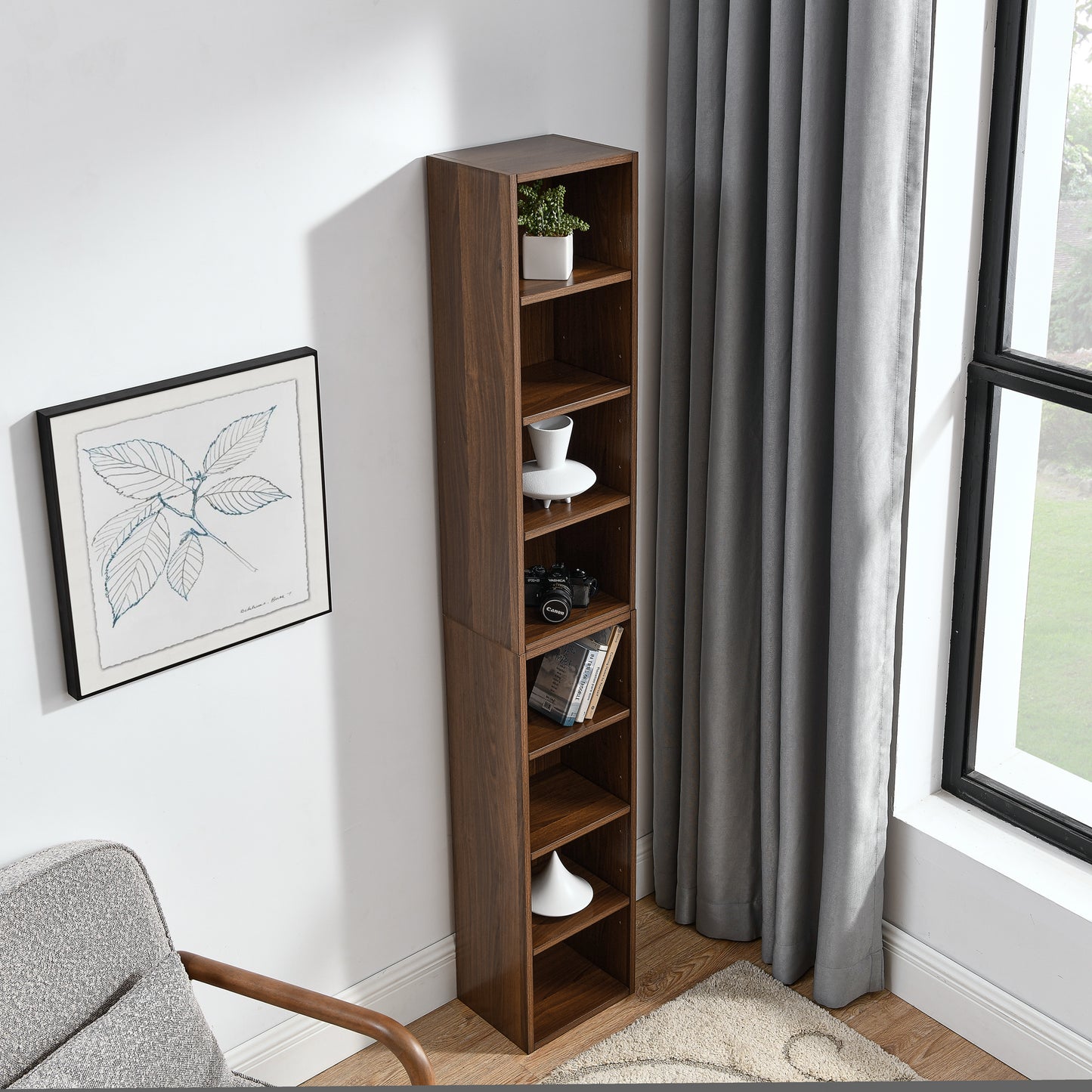 8-Tier Slim Media Tower Rack Adjustable Shelves Tall Bookcase Storage Cabinet for Home Office Display