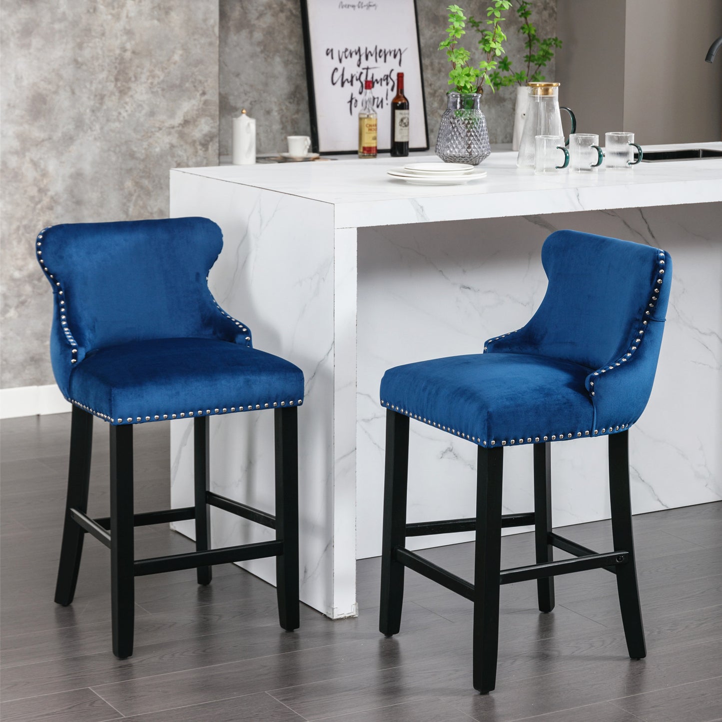 Contemporary Blue Velvet Wing-Back Barstools with Tufted Design and Wooden Legs Set of 2